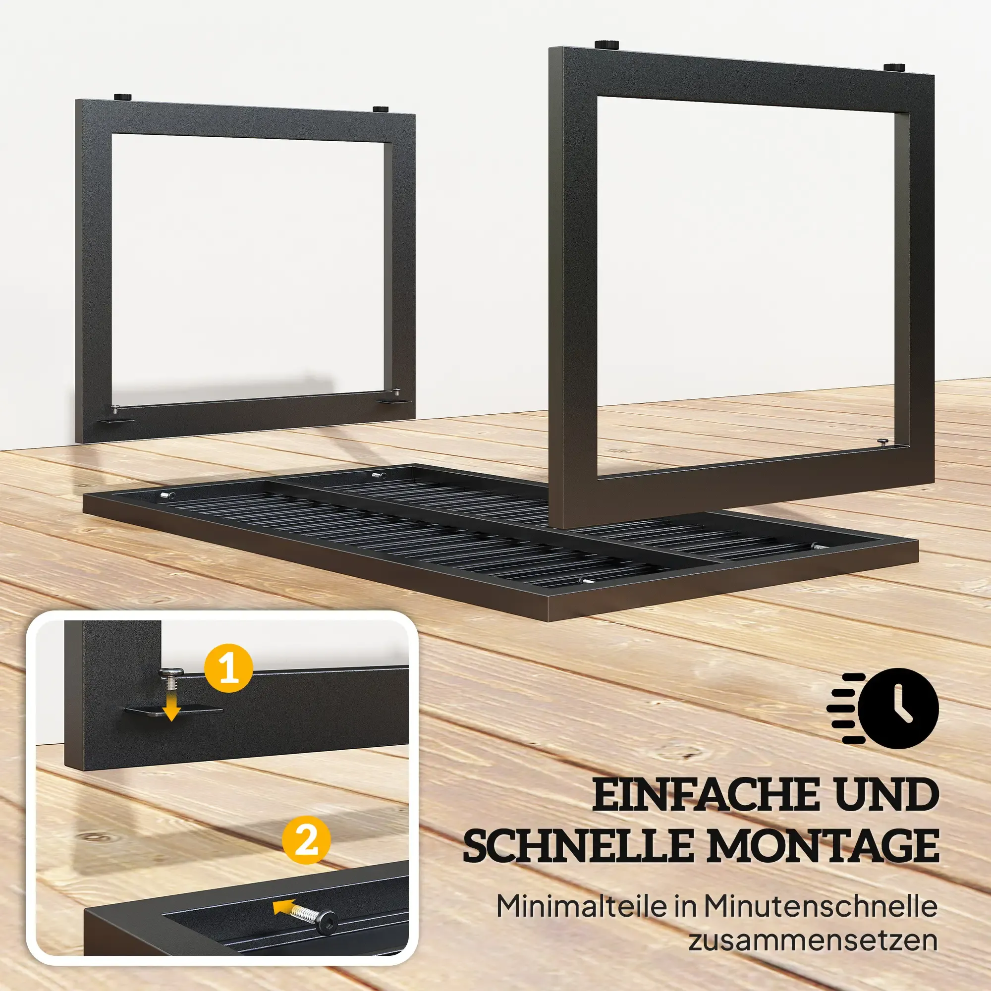 Schwarze Metallrahmen auf Holz. Details zeigen Schrauben und Anweisungen. Text: 'Einfache und schnelle Montage'.