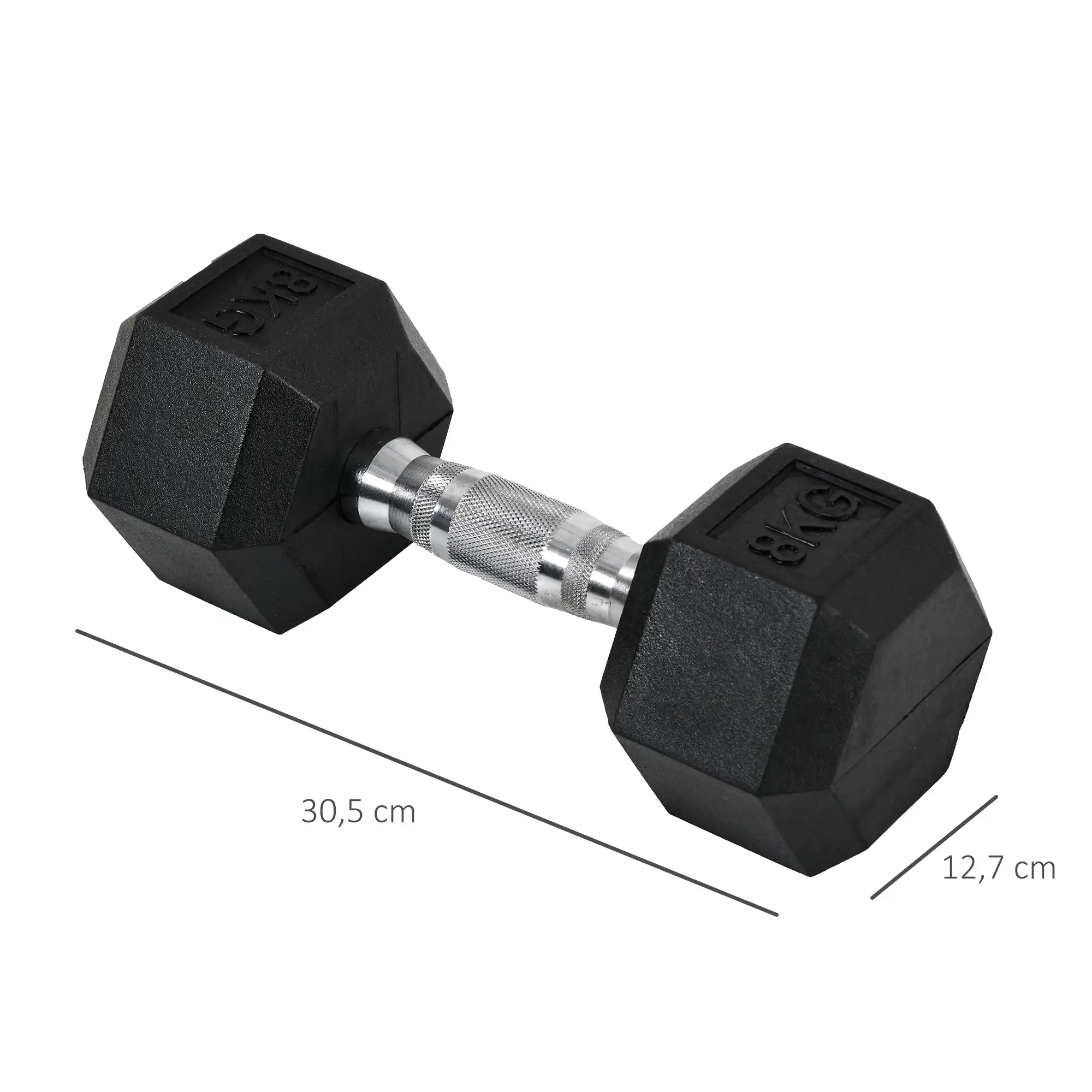 Schwarze Hantel mit 8 kg an jedem Ende, silberner Griff. Abmessungen: 30,5 cm lang, 12,7 cm breit. Isoliert auf Weiß.