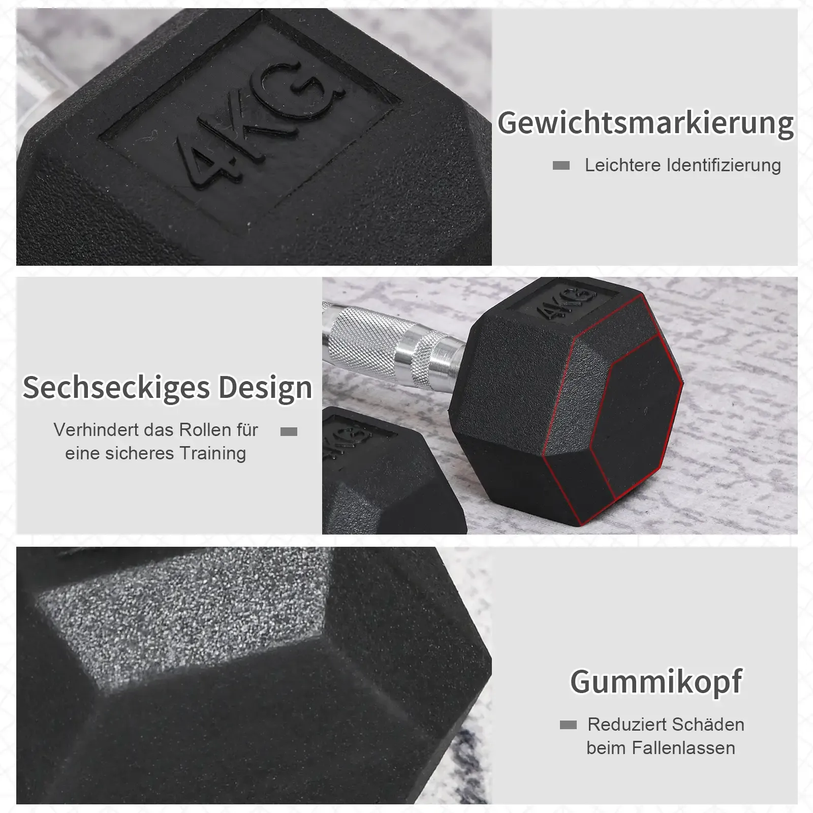 Eine schwarze Hantel mit sechseckigem Design. Sie hat eine Gewichtskennzeichnung von 4 kg. Der Kopf ist gummiert, um Schäden zu reduzieren.