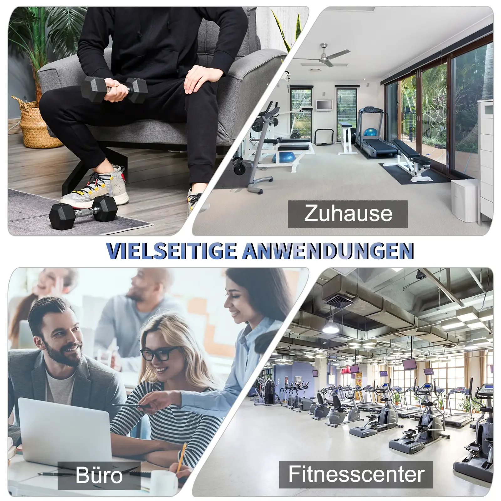 Das Bild zeigt Fitness-Szenen: einen Mann mit Hanteln, ein Home-Gym, ein Büro mit Personen und ein kommerzielles Gym mit Maschinen.