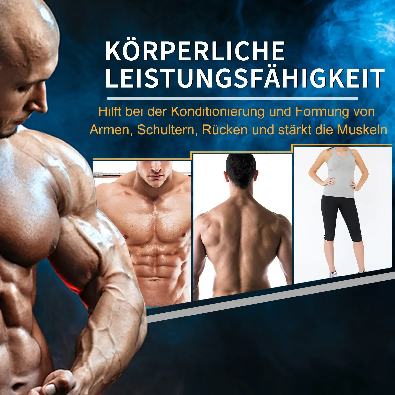 Bild wirbt für körperliche Fitness. Ein muskulöser Mann im Vordergrund. Weitere Bilder zeigen Körperteile, Text über Muskelaufbau.