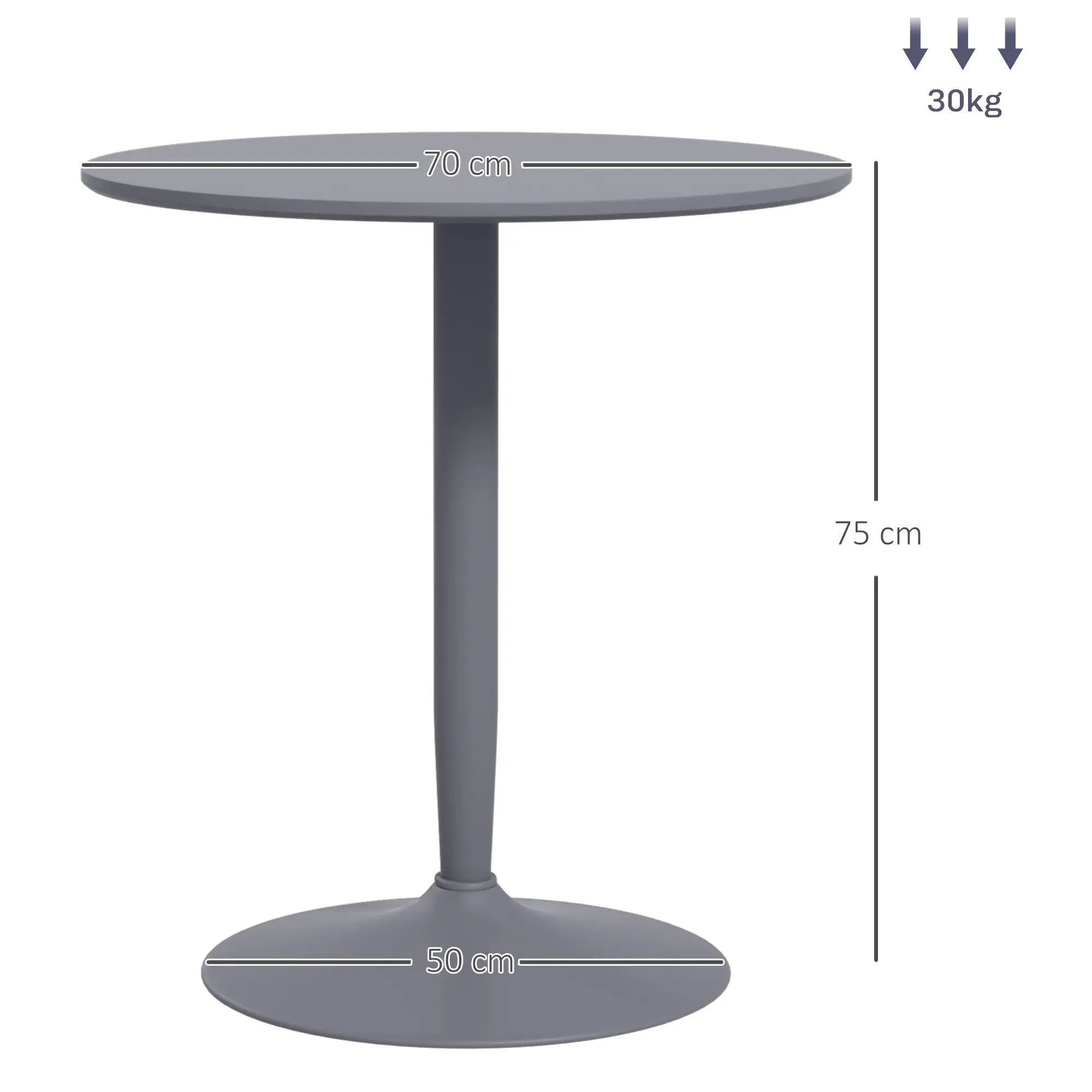 Ein grauer, runder Tisch mit einem Mittelbein. Maße: 70 cm oben, 50 cm Boden, 75 cm Höhe. 30 kg Gewicht.