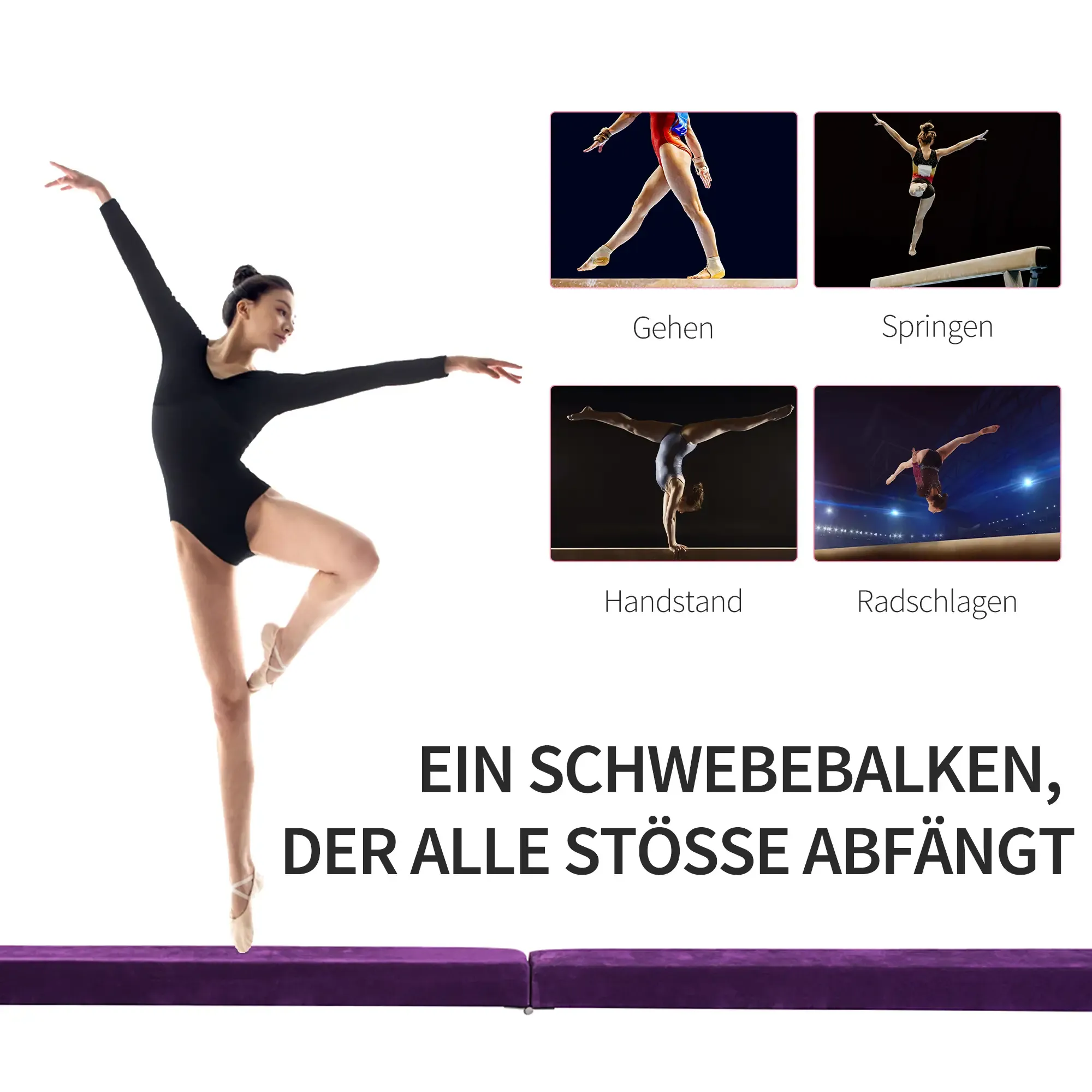 Eine Frau in einem schwarzen Trikot tanzt, rechts Bilder von Gymnastik. Unten ist ein violetter Balken.