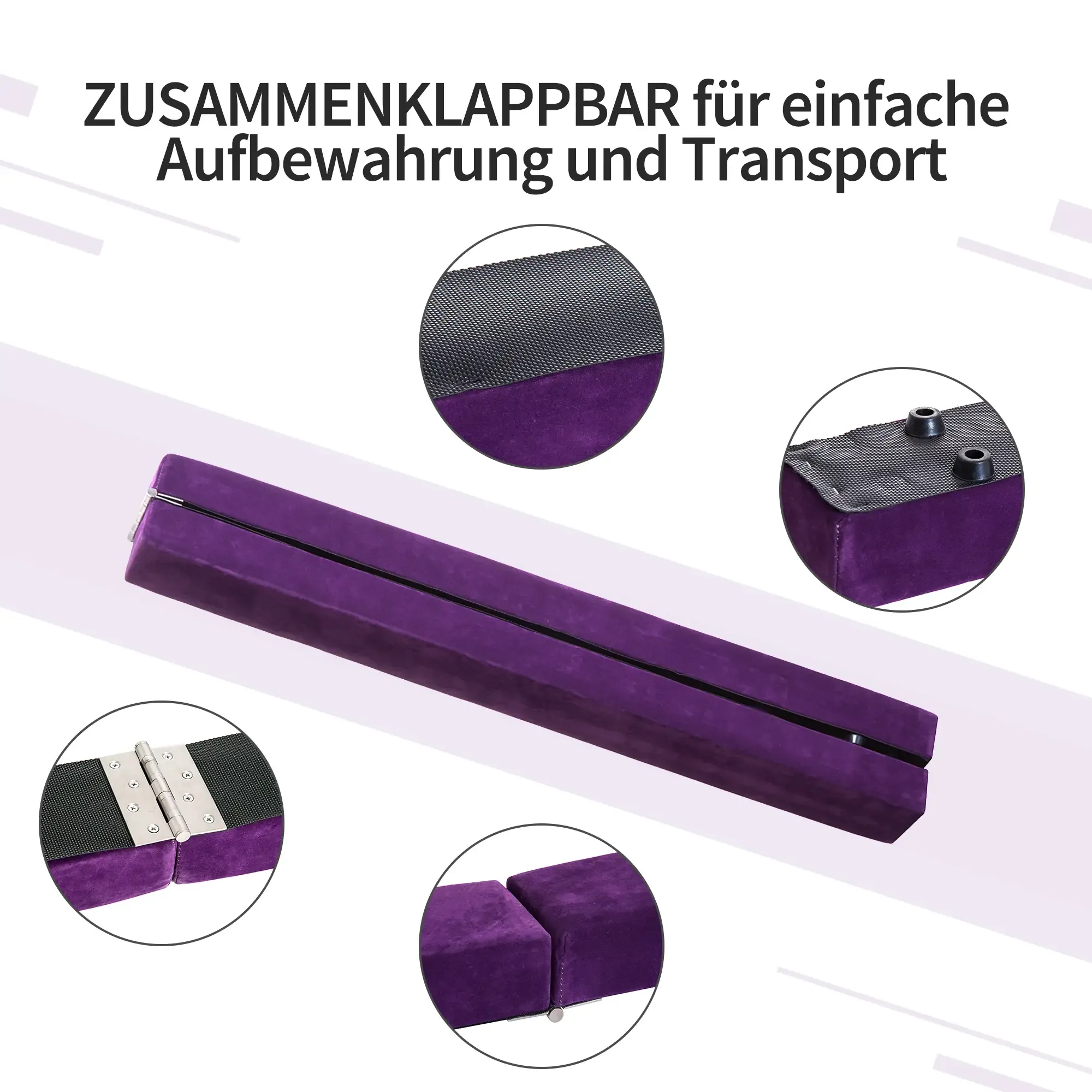 Ein lila, zusammenklappbarer Schwebebalken mit Details. Nahaufnahmen zeigen Scharniere, rutschfeste Oberflächen und die Struktur.