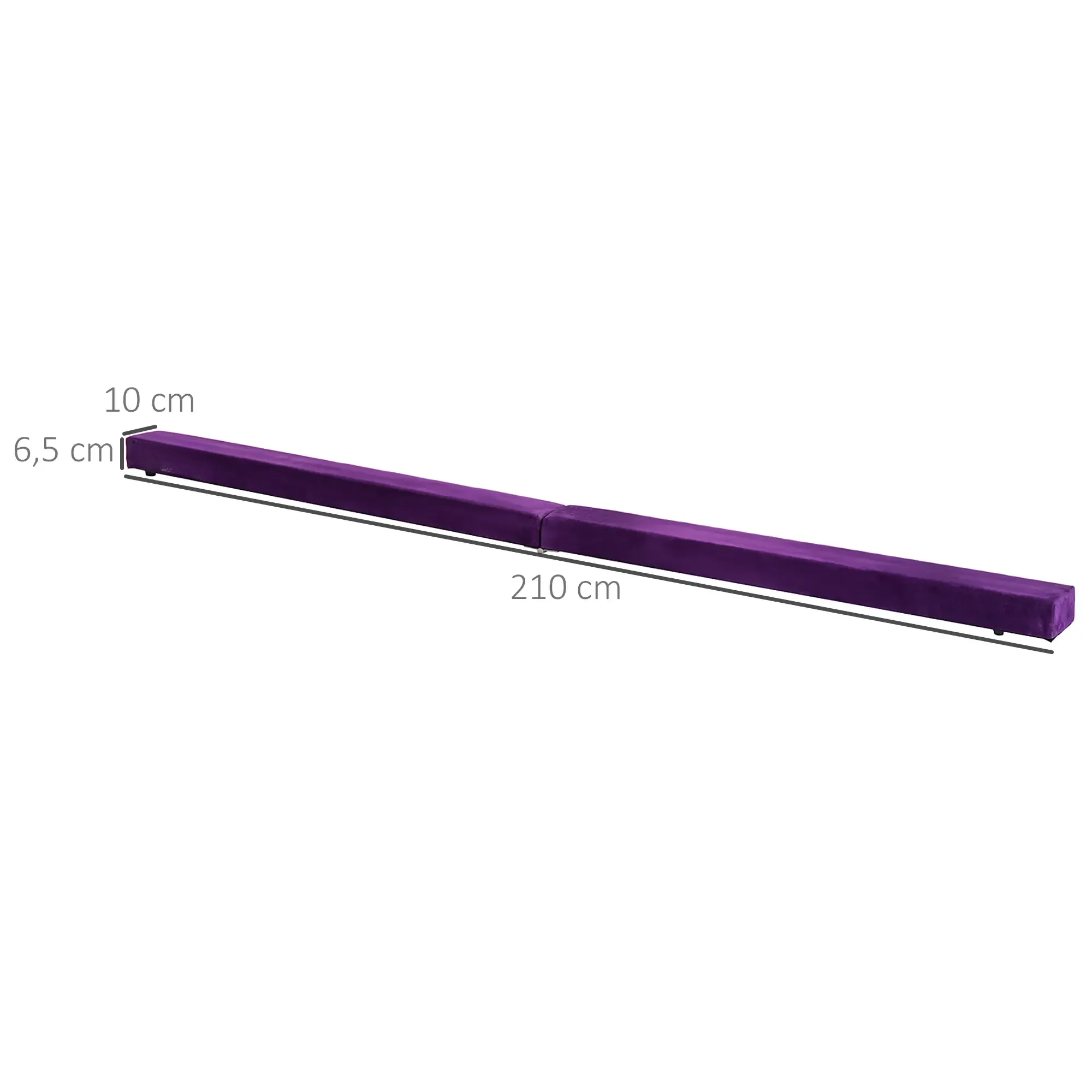 Ein lila Balken, 210 cm lang, 10 cm breit und 6,5 cm hoch. Texte beschreiben die Abmessungen. Weißer Hintergrund.
