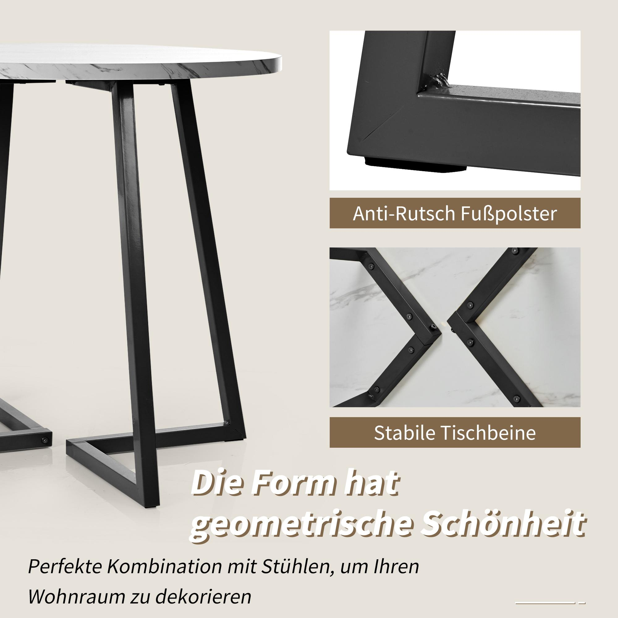 Ein weißer und schwarzer Tisch mit geometrischen Beinen. Er hat eine marmorähnliche Oberseite und ein schwarzes Metallgestell.