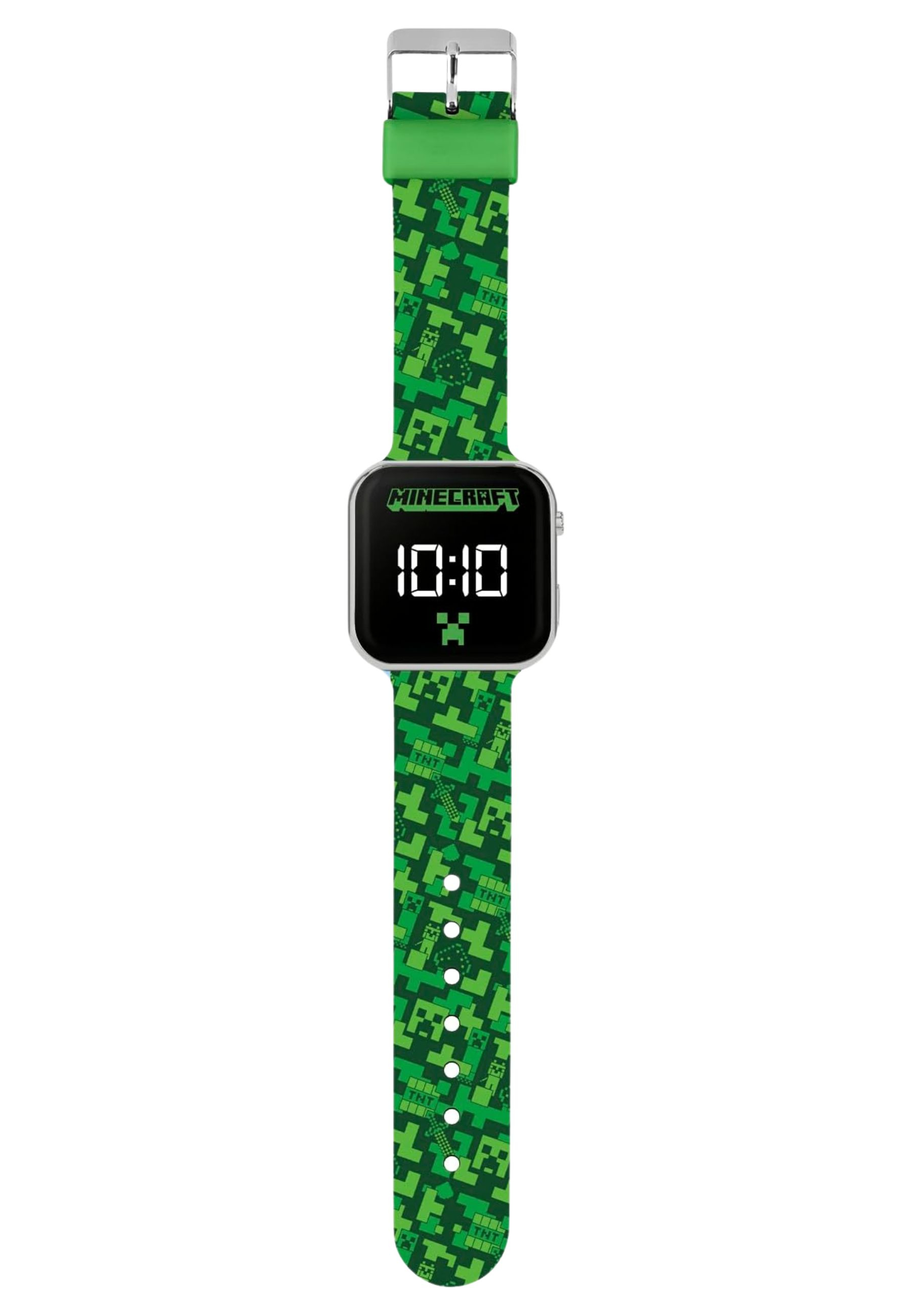 Eine digitale Minecraft-Uhr mit grünem Armband. Das Zifferblatt zeigt 10:10 an. Das Armband ist gemustert.