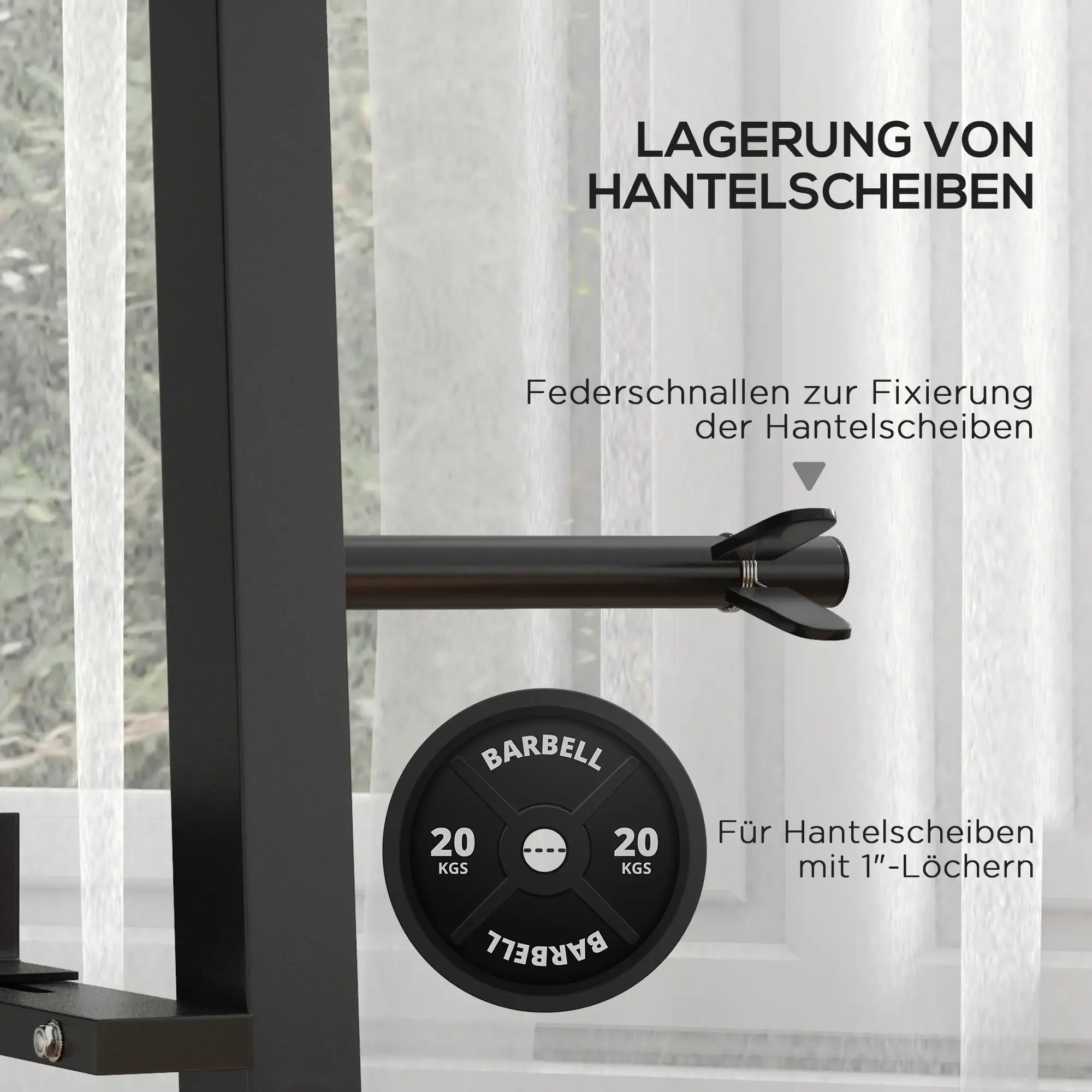 Eine Hantelscheibe mit 20 kg, montiert auf einem schwarzen Hantelhalter. Text auf Deutsch ist ebenfalls vorhanden.