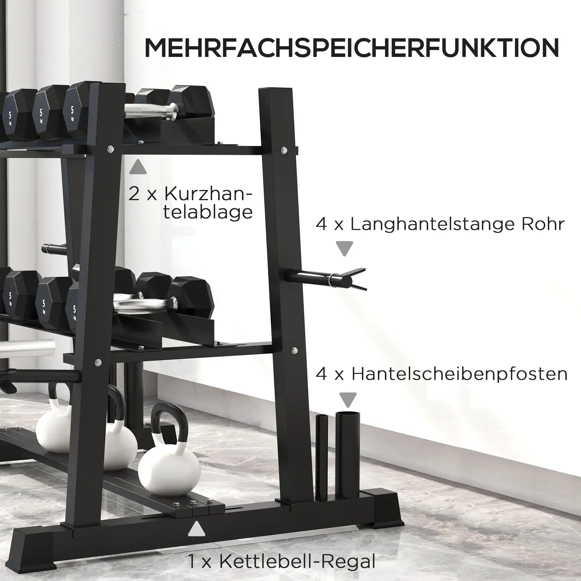 Schwarzes Hantelregal mit Hanteln, Kettlebells und Stauraum für Langhantelgewichte. Weißer Hintergrund.