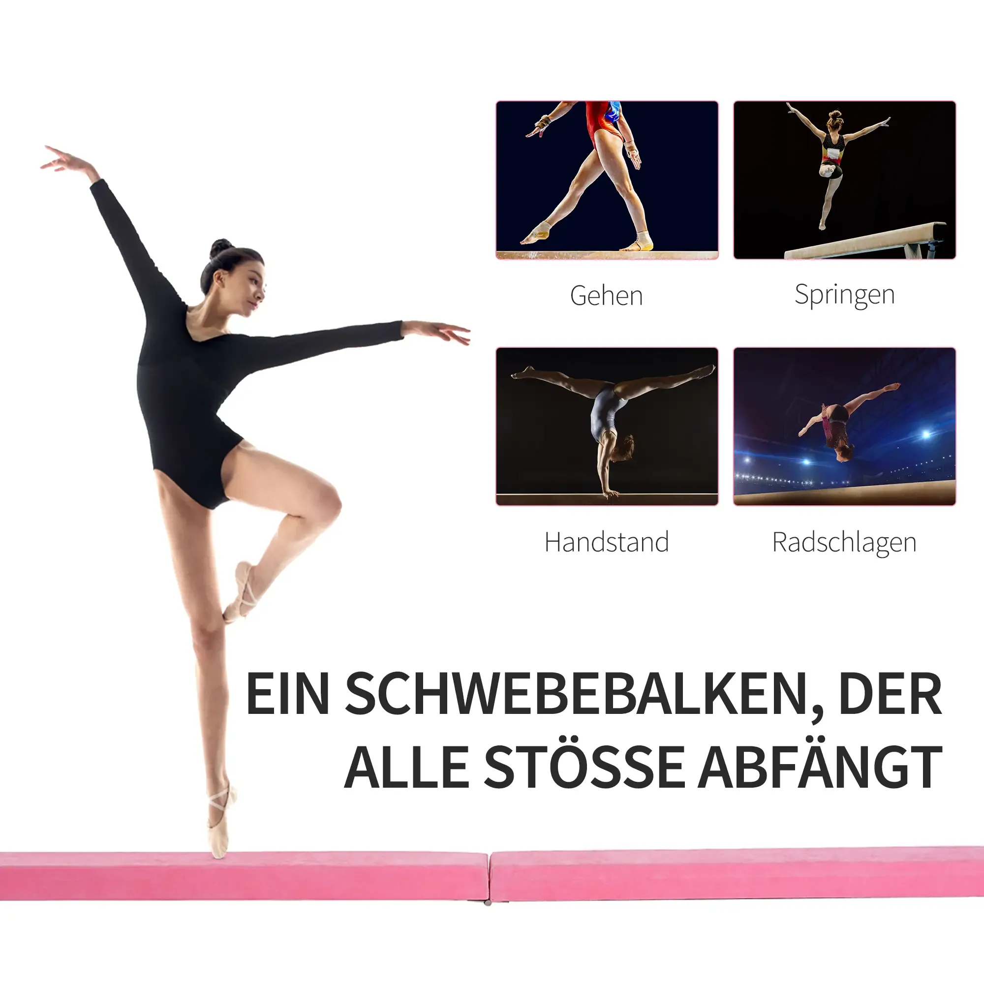 Eine Frau in einem schwarzen Badeanzug balanciert auf den Zehen, die Arme ausgestreckt. Gymnastikbilder werden rechts angezeigt.
