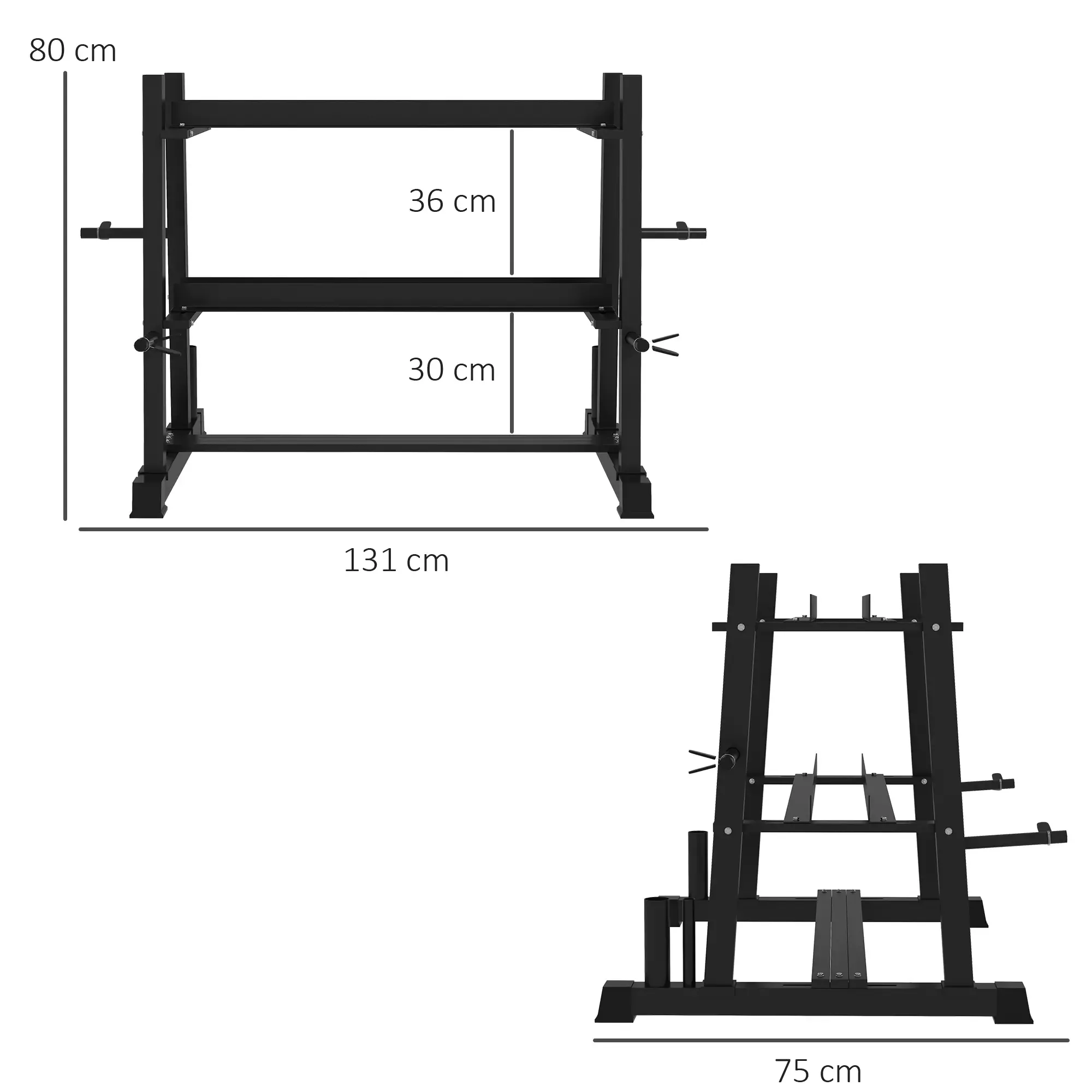 Schwarzes Hantelgestell mit Maßen. Es zeigt ein oberes Rack, ein unteres Rack und zwei Seitenstangen für Gewichte.