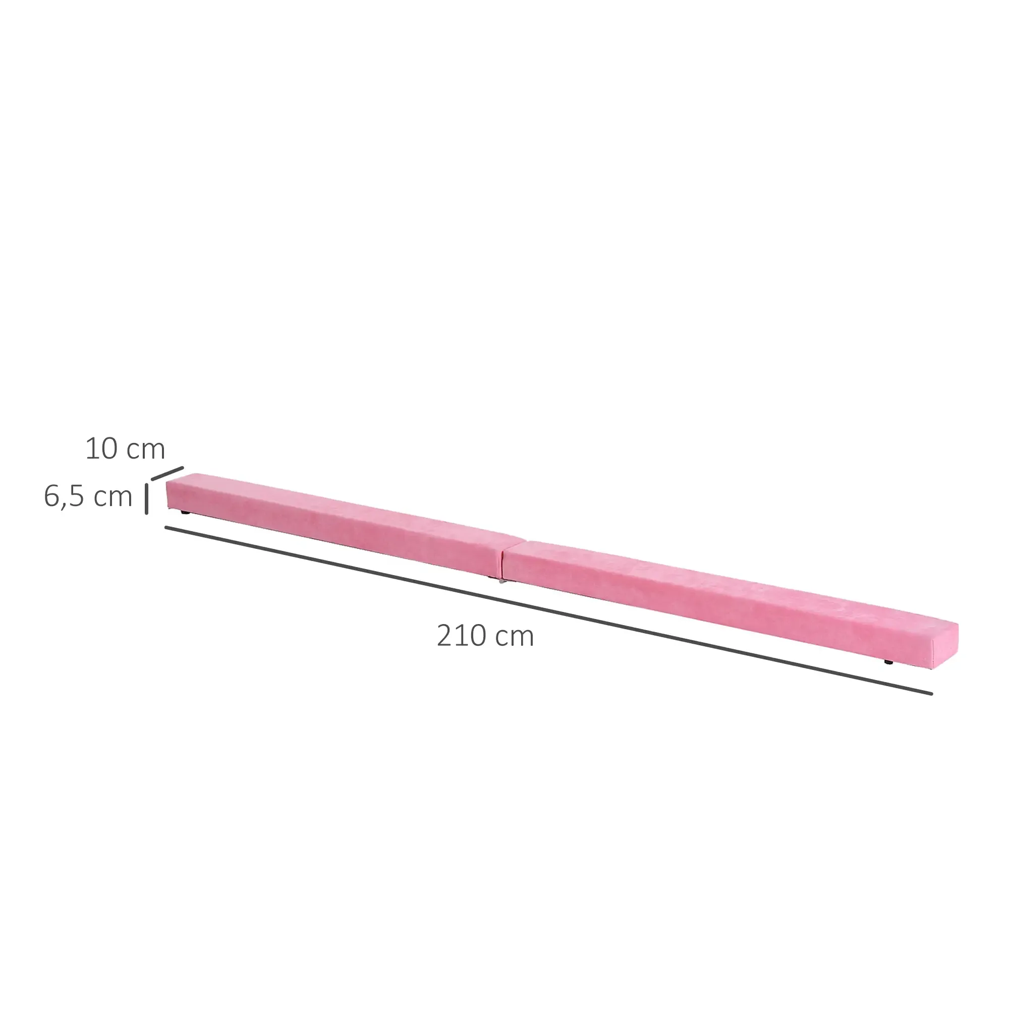Ein rosa rechteckiger Schwebebalken. Abmessungen sind beschriftet: 210 cm lang, 10 cm breit, 6,5 cm hoch.