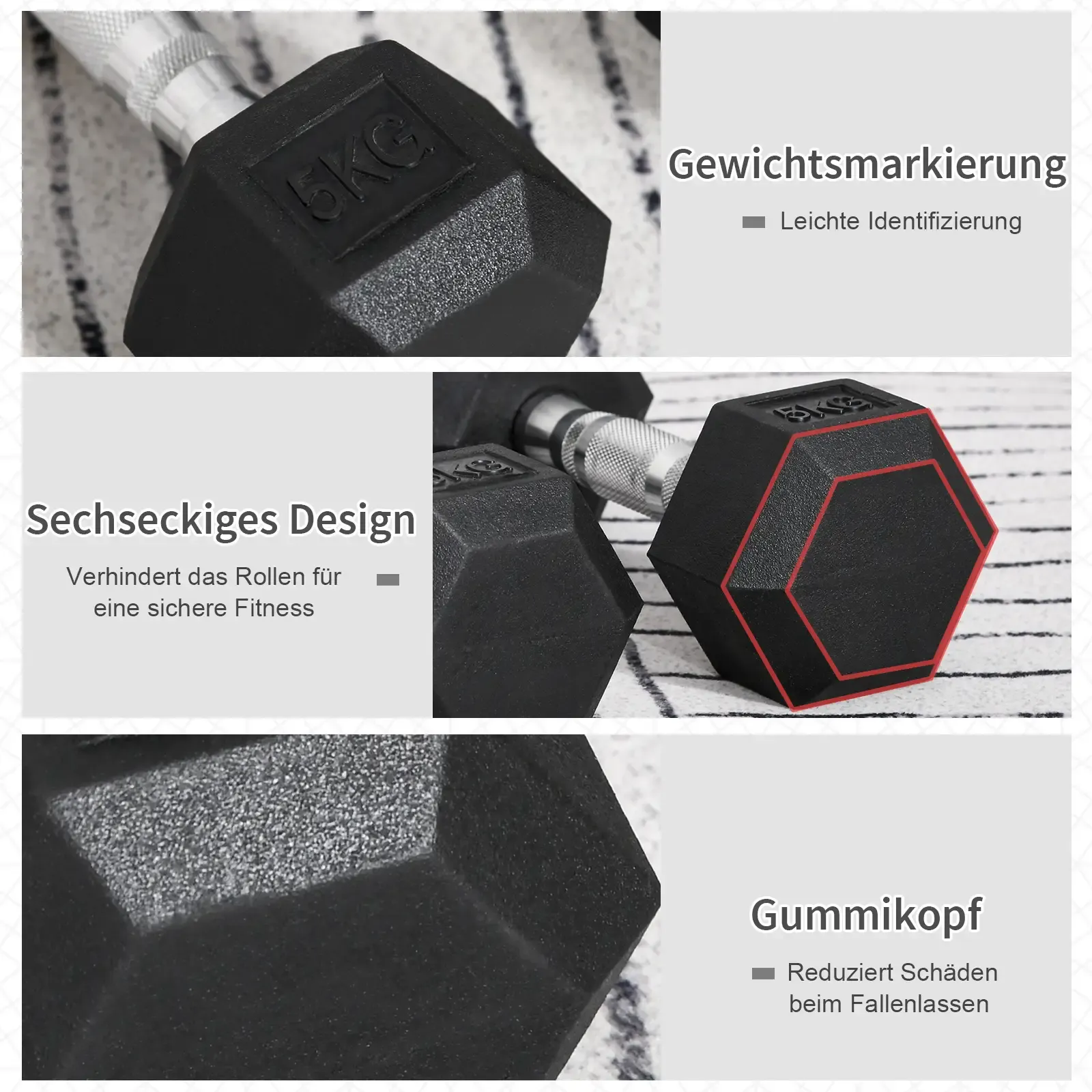 Schwarze Hantel mit sechseckigem Design. Sie hat eine Gewichtskennzeichnung und einen Gummikopf.
