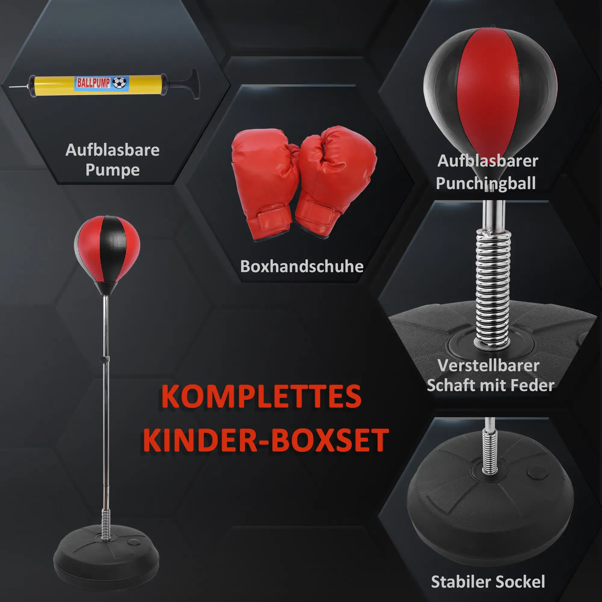 Ein komplettes Kinder-Boxset. Es umfasst eine Ballpumpe, rote Boxhandschuhe, einen Boxball und eine stabile Basis.