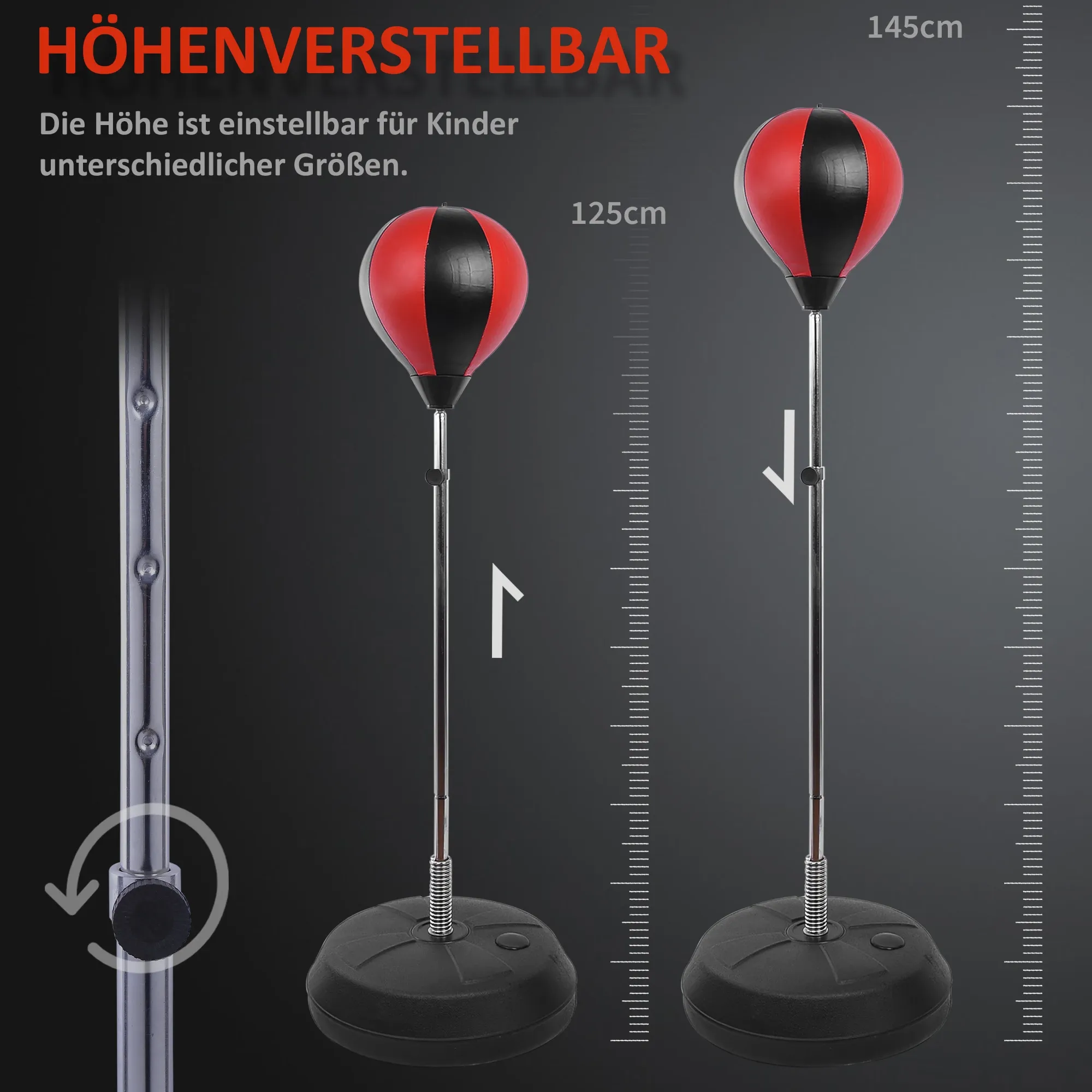 Zwei rot/schwarze Boxsäcke auf Ständern. Höhenverstellbar, mit Markierungen. Schwarzer Hintergrund.