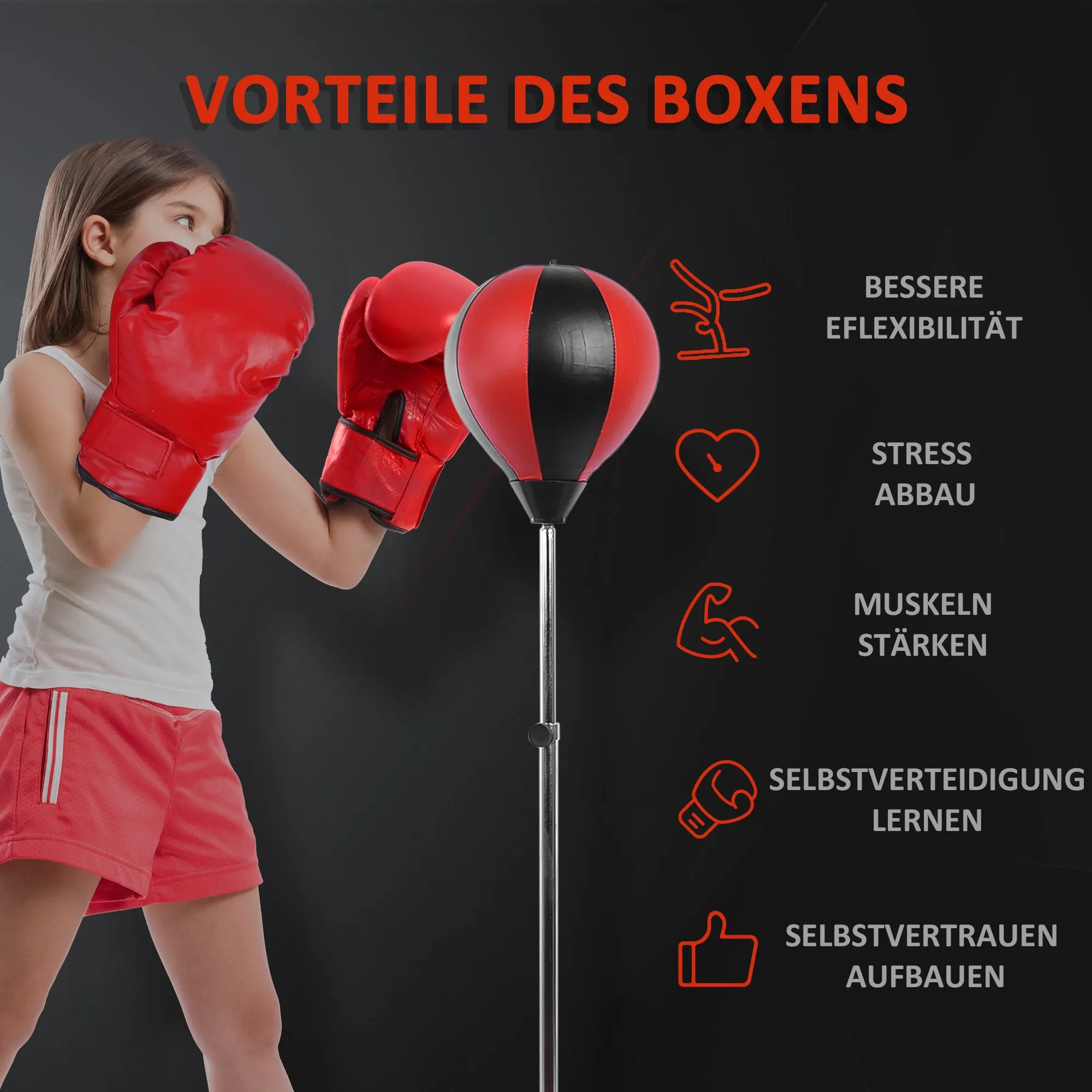 Ein Mädchen mit roten Boxhandschuhen und -shorts steht vor einem rot/schwarzen Boxsack. Text rechts listet die Vorteile auf.
