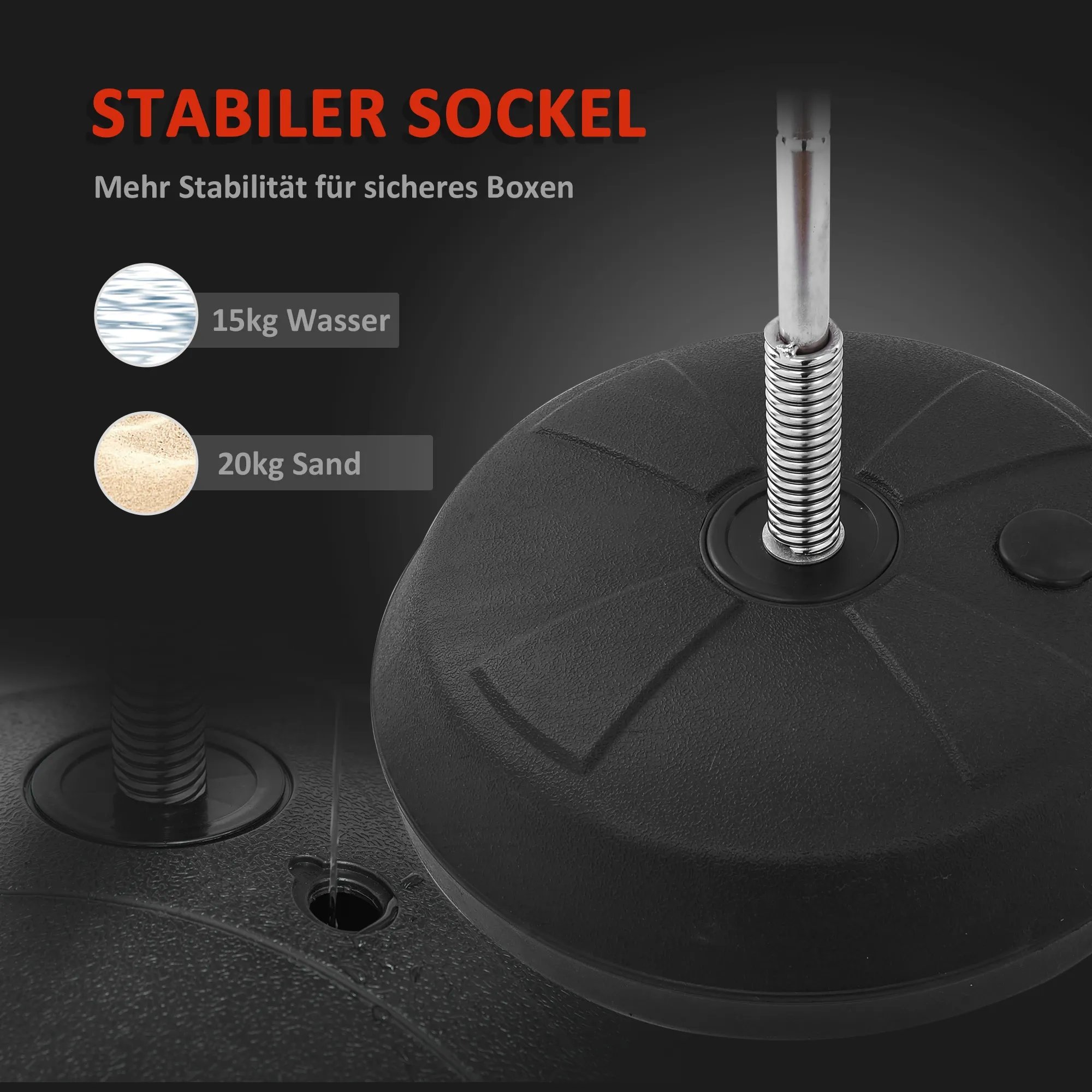Schwarze Boxbasis mit silberner Metallstange. Text: 'STABILER SOCKEL'. Wasser- und Sandoptionen für Gewicht.