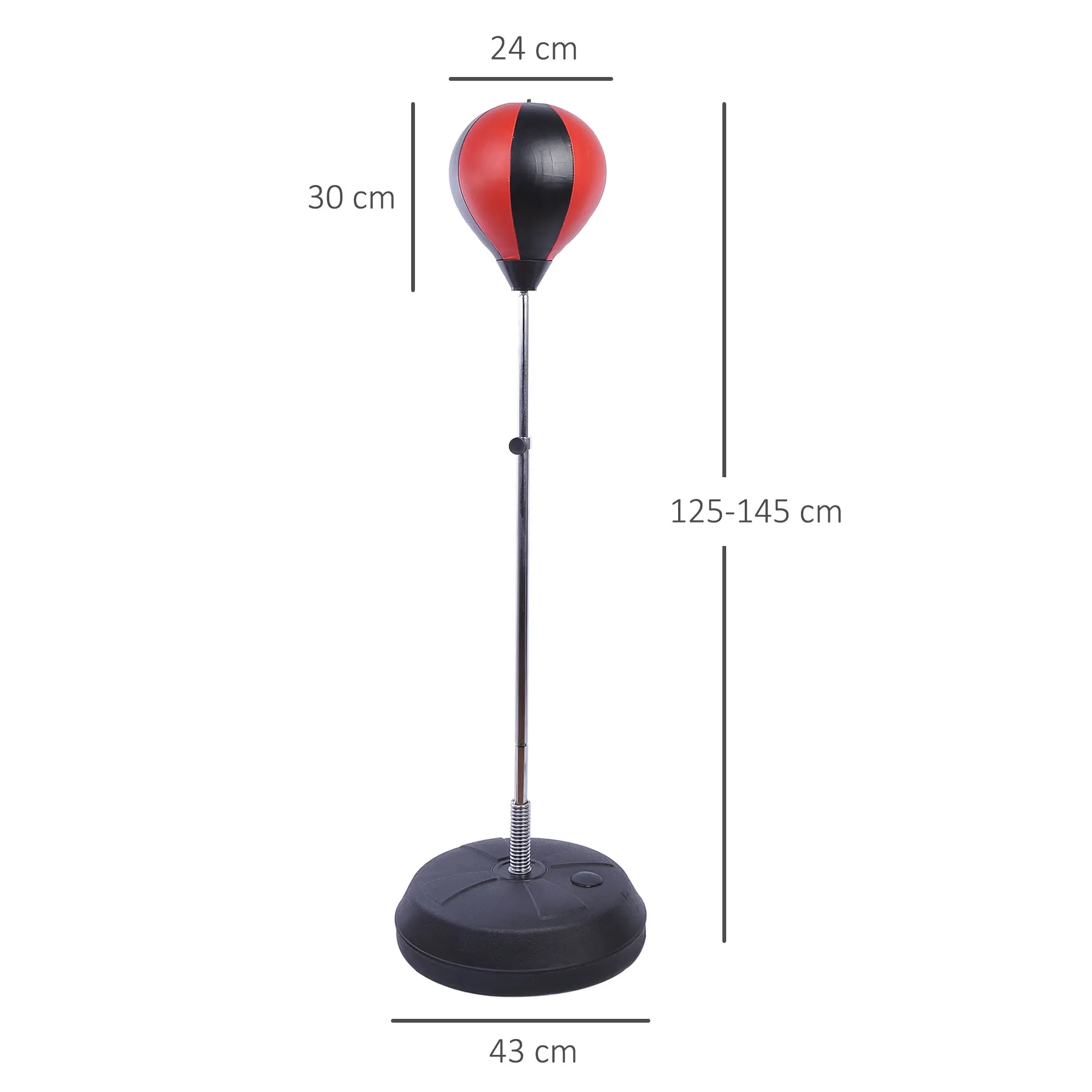 Ein Box-Speedbag an einem Ständer befestigt. Es ist rot und schwarz. Die Basis ist schwarz, und der Ständer ist silber.