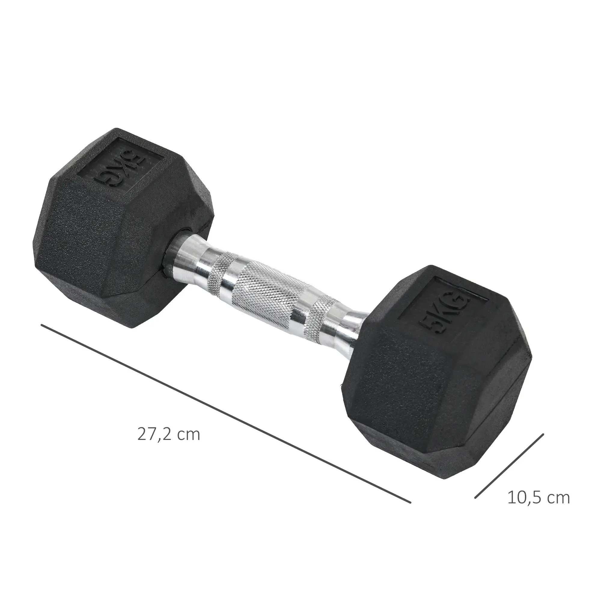 Eine schwarze Hantel mit silbernem Griff. An jedem sechseckigen Ende ist 5 kg markiert. Sie ist 27,2 cm lang und 10,5 cm breit.