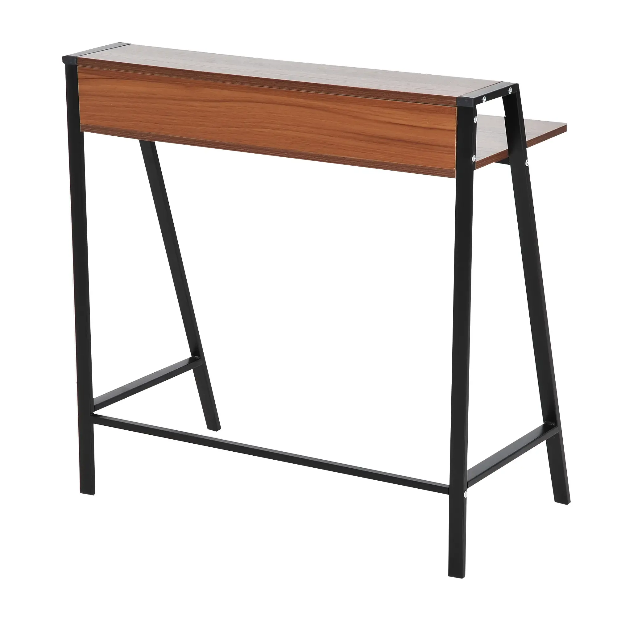 Ein Konsolentisch aus Holz mit schwarzem Metallrahmen. Er hat eine lange, rechteckige Oberseite und ein kleines Regal.