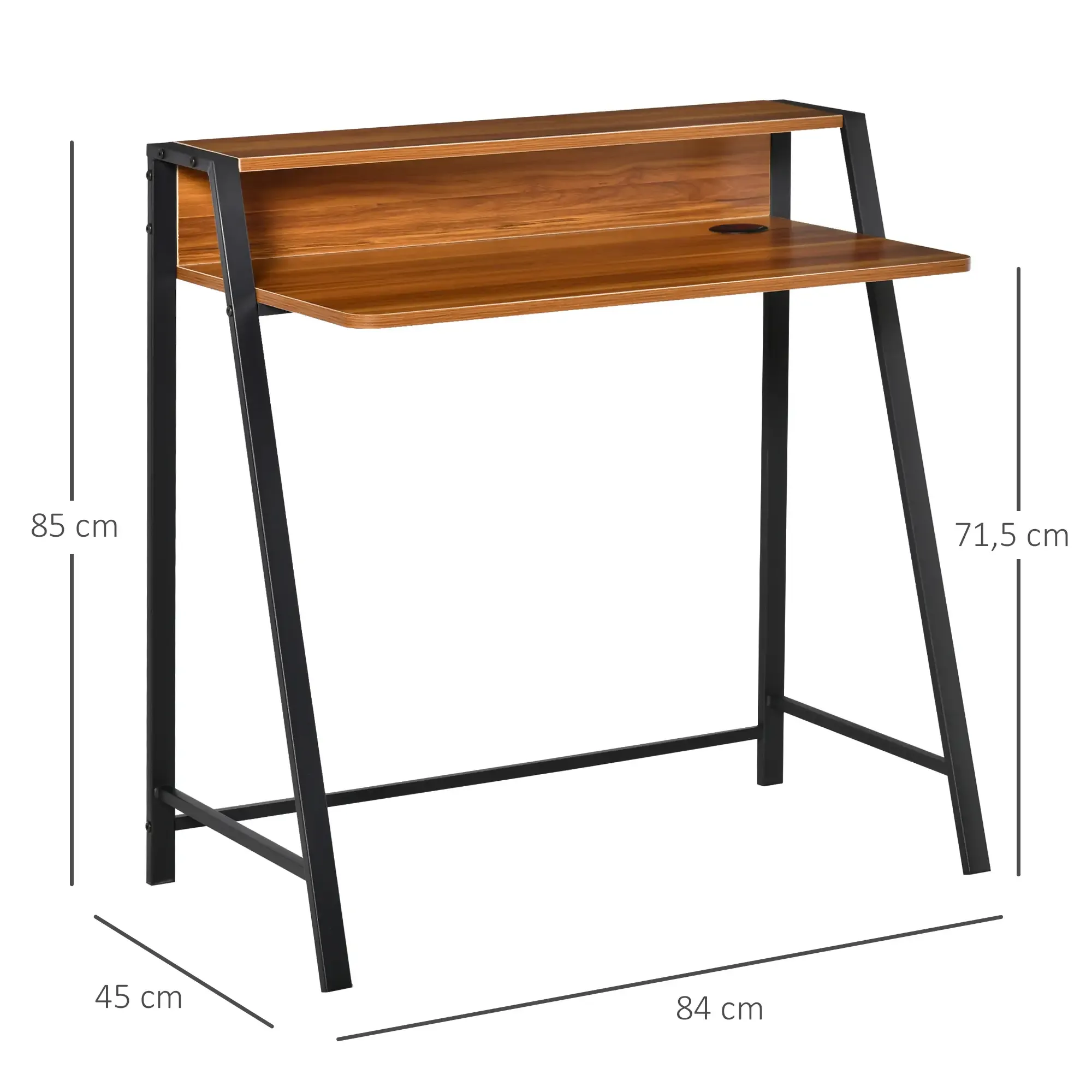 Holzschreibtisch mit schwarzem Metallrahmen. Er hat zwei Ebenen und ein Loch für Kabel. Maße in Zentimetern angegeben.