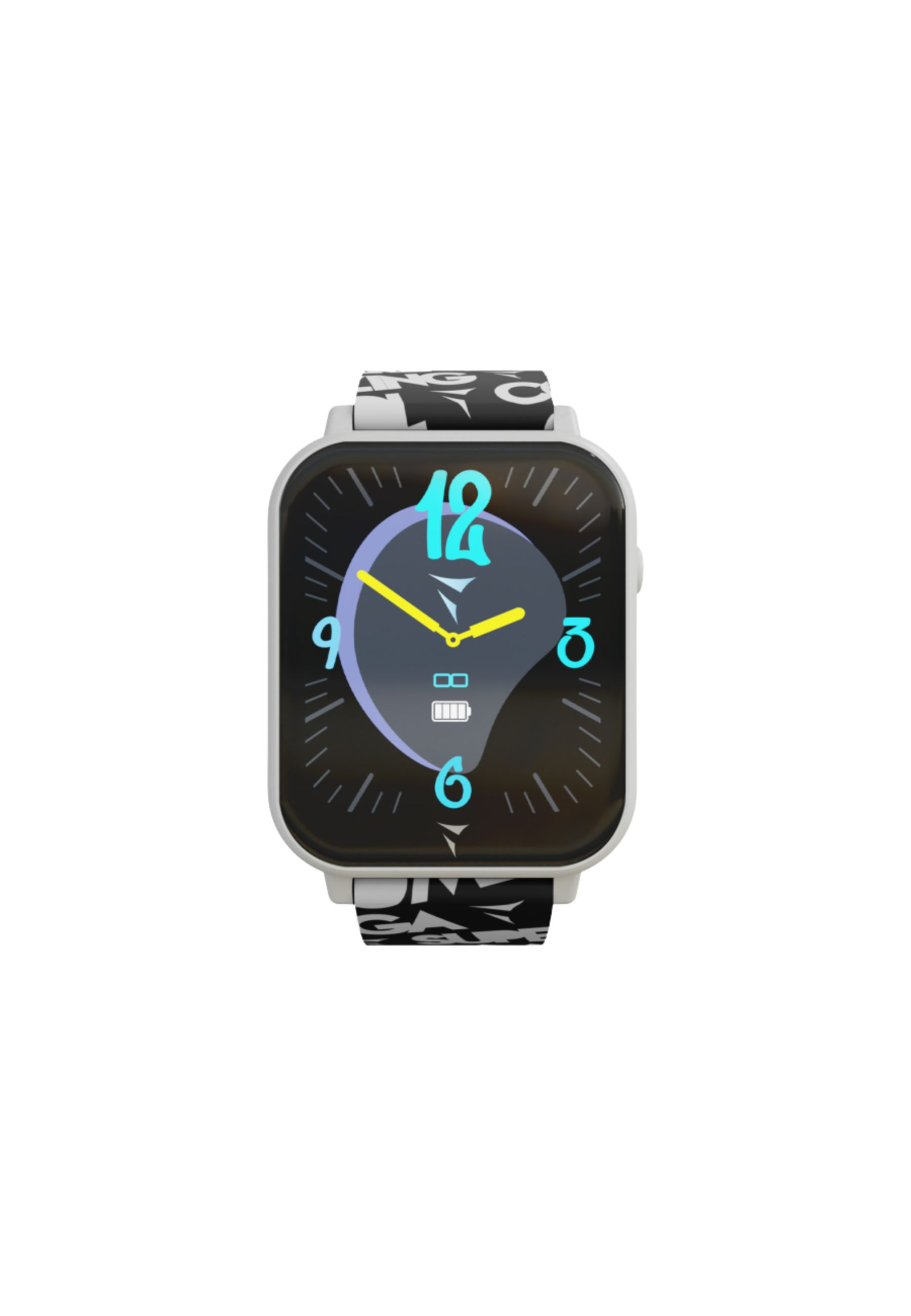 Eine Smartwatch mit einem schwarz-weißen Armband, das Display zeigt die Uhrzeit mit den Ziffern 12, 9, 3 und 6 in Blau an.