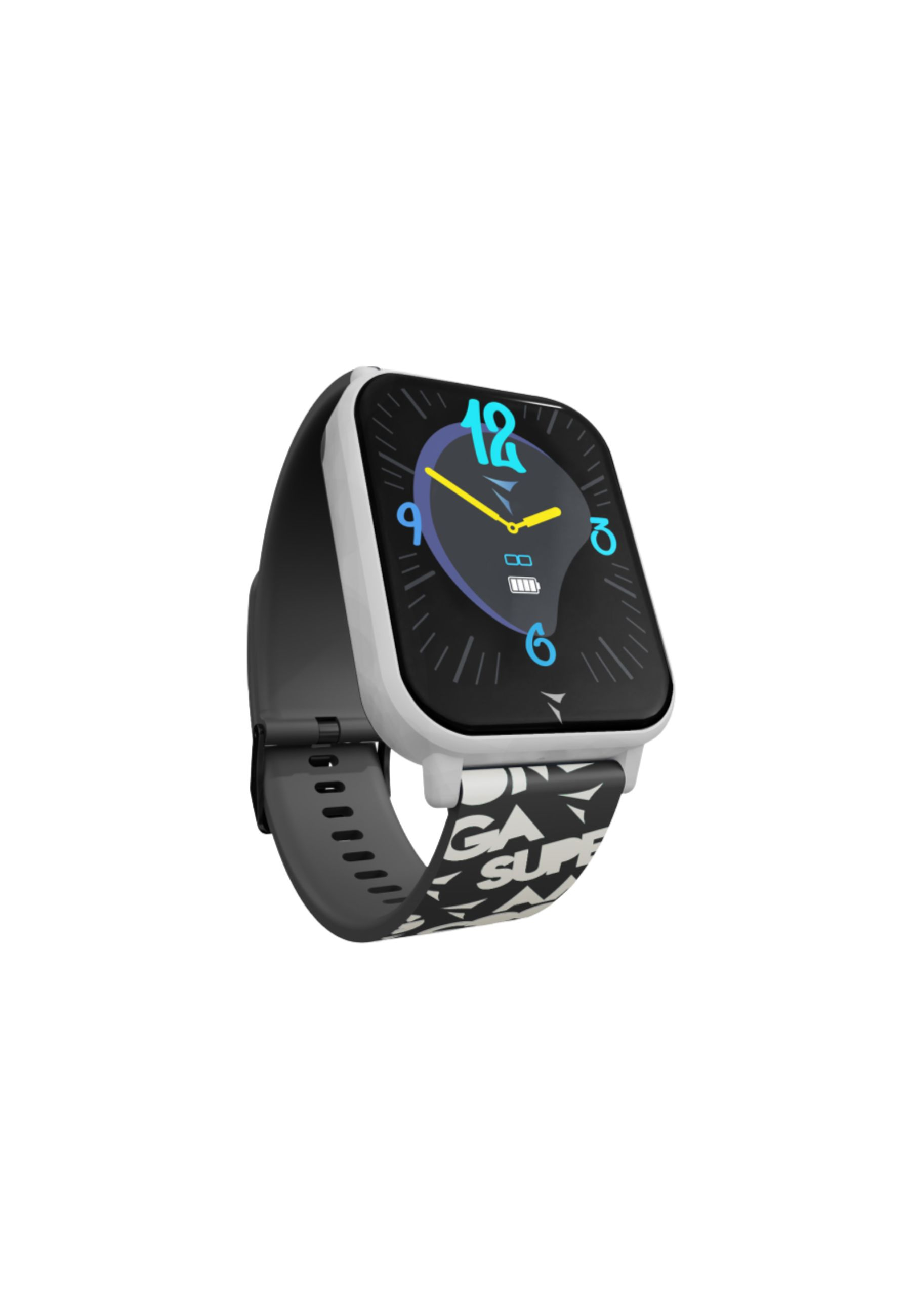 Eine Smartwatch mit schwarzem Zifferblatt, blauen Ziffern und einem schwarz-weißem Armband. Die Uhr zeigt die Zeit an.