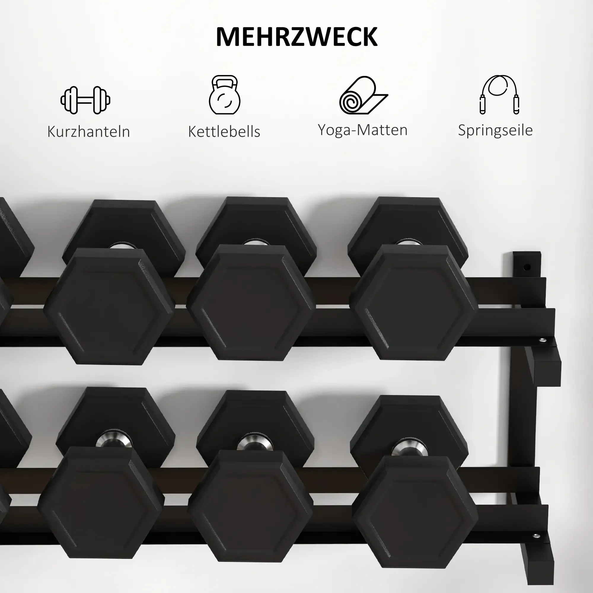 Schwarze Hanteln auf einem Gestell. Oben Icons für Fitnessgeräte. Weißer Hintergrund.