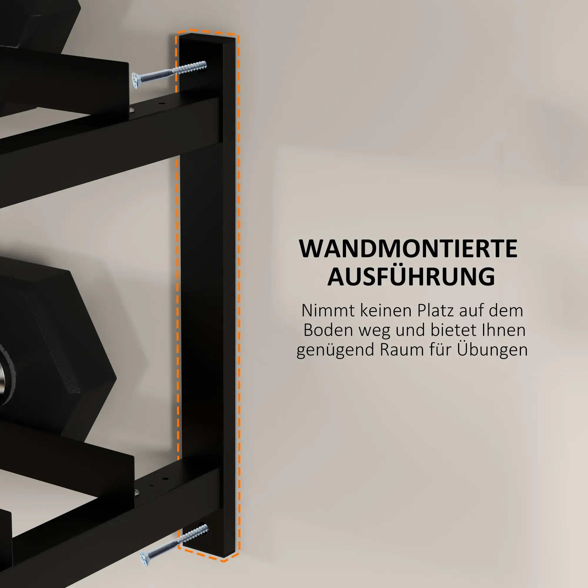 Schwarzes, an der Wand montiertes Regal mit Schrauben an einer hellbeige Wand. Text: 'WANDMONTIERTE AUSFÜHRUNG'.