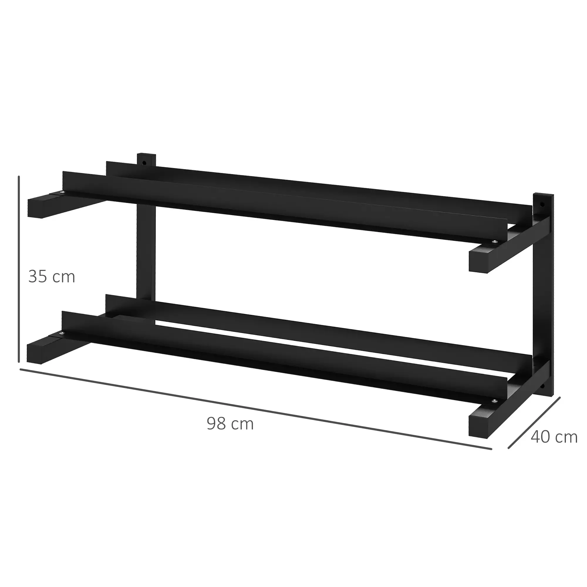 Schwarzes Metallregal mit zwei Ebenen. Abmessungen sind 98x40x35 cm. Schrauben sind sichtbar.