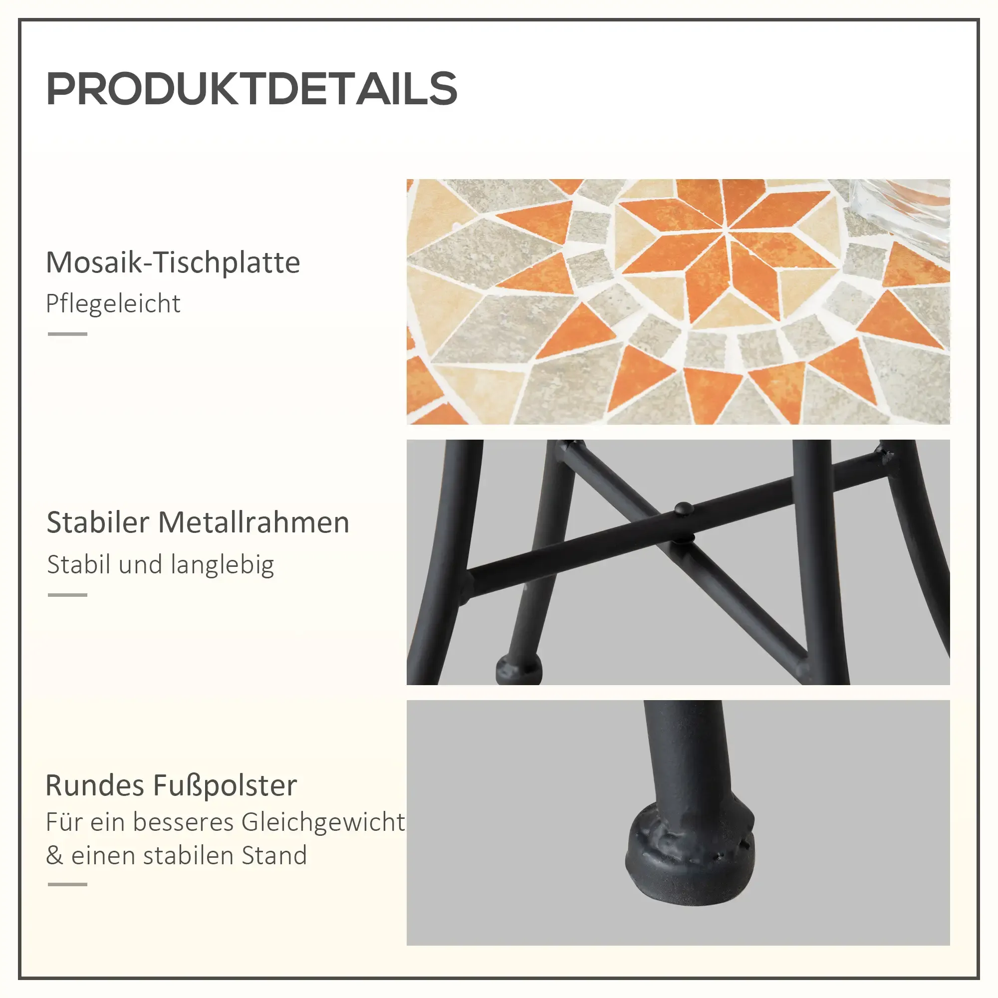 Das Bild zeigt eine Mosaik-Tischplatte mit orangefarbenen und beigefarbenen Fliesen, einen schwarzen Metallrahmen und eine runde Fußstütze.
