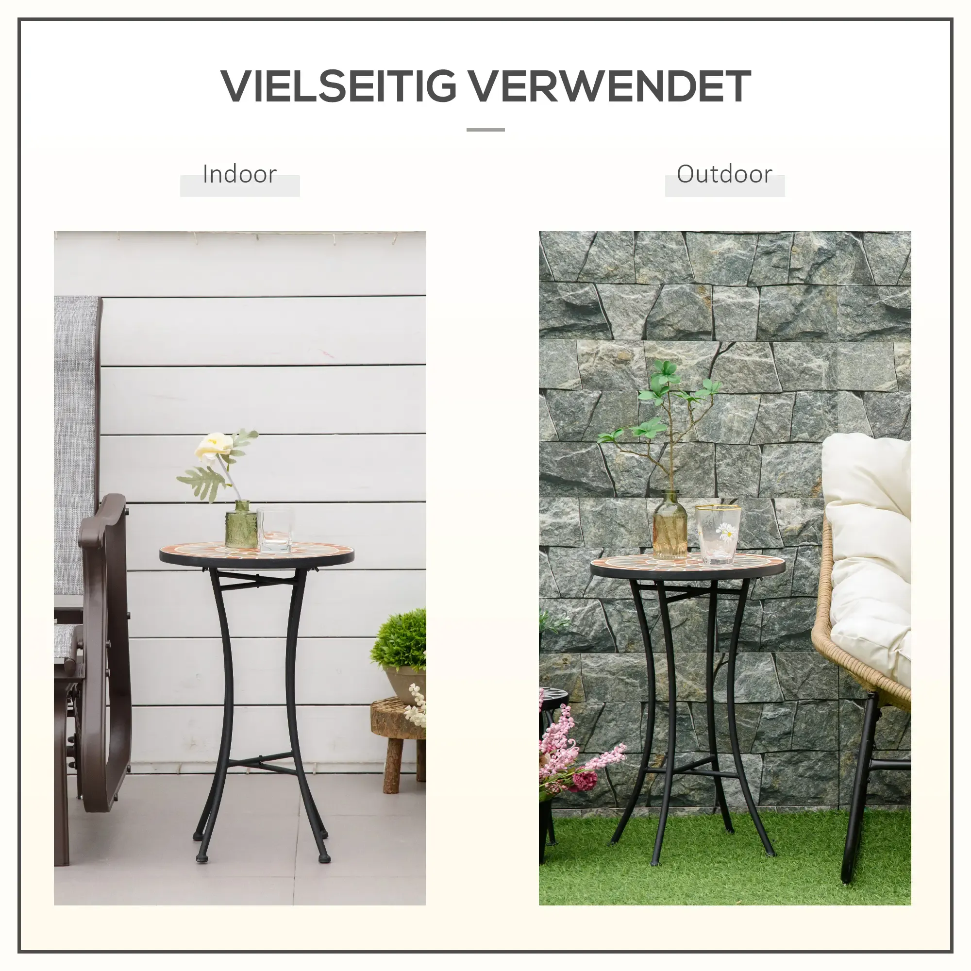 Das Bild zeigt zwei Umgebungen: drinnen mit Tisch, Blume und Stuhl; draußen mit Tisch, Pflanzen und Steinmauer.