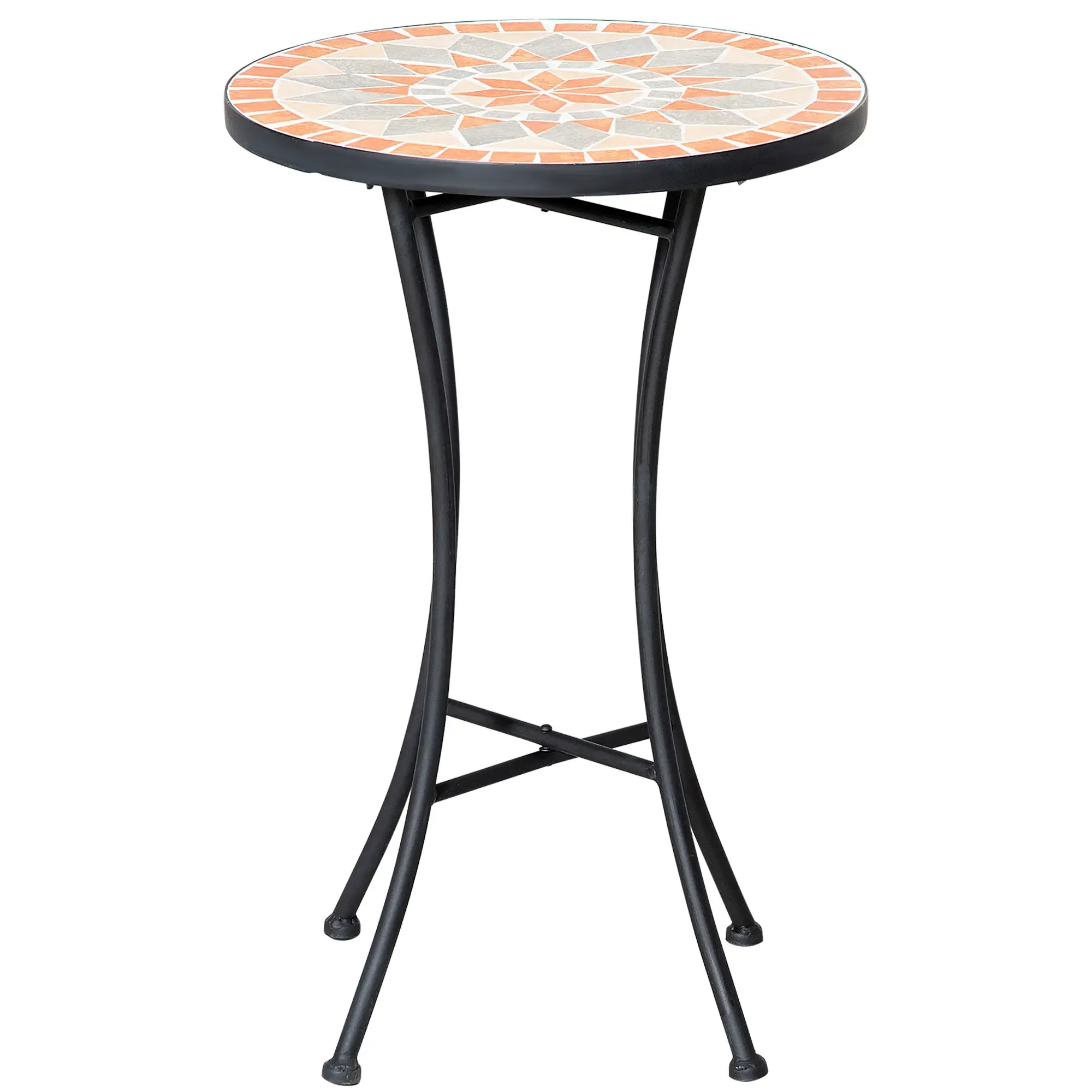 Ein kleiner, runder Gartentisch. Die Tischplatte hat ein Mosaikdesign in Orange, Grau und Creme. Die Beine sind schwarz und gebogen.