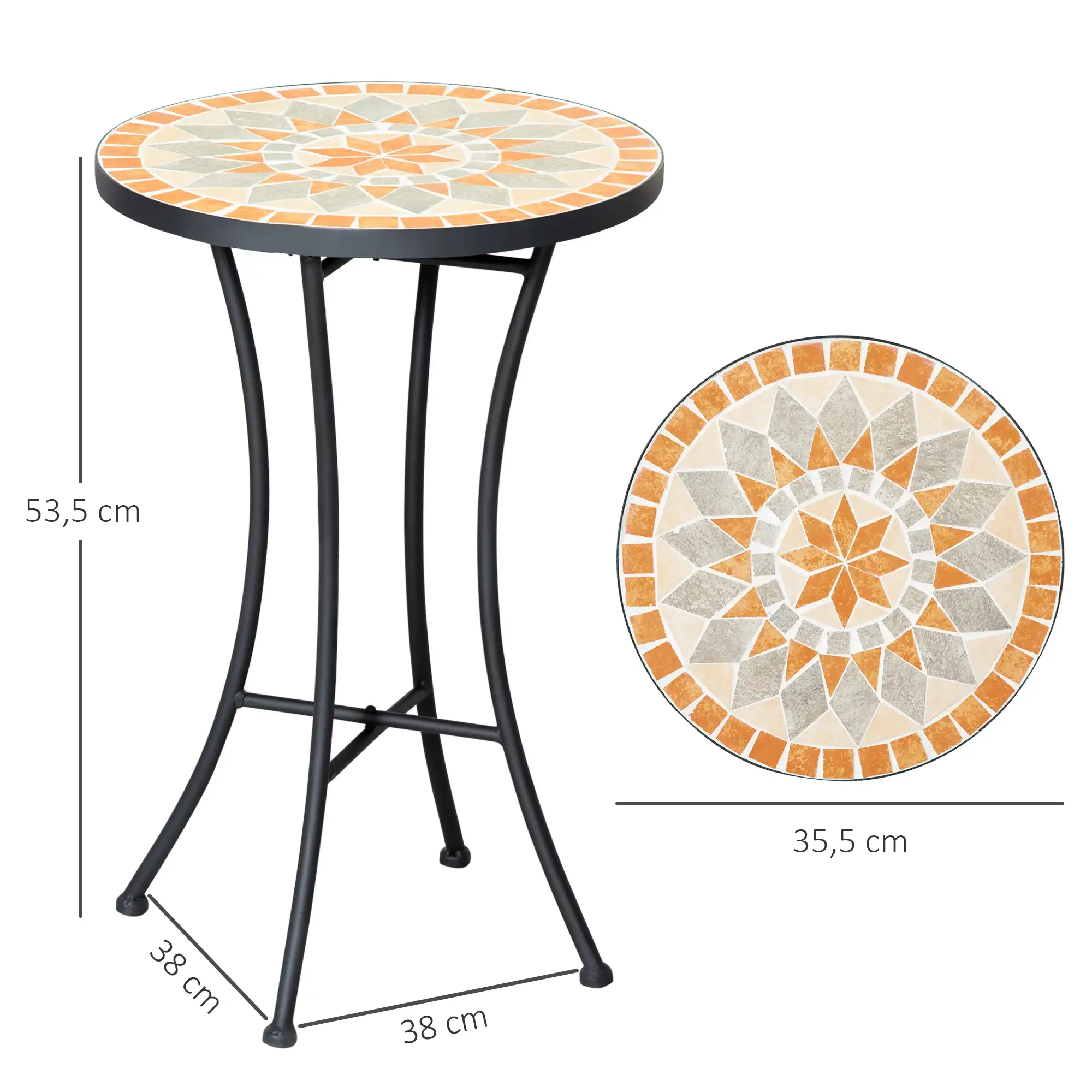 Ein runder Tisch mit Mosaikfliesen und einem schwarzen Metallrahmen. Abmessungen werden angezeigt. Ein kleineres Bild der Tischplatte wird gezeigt.