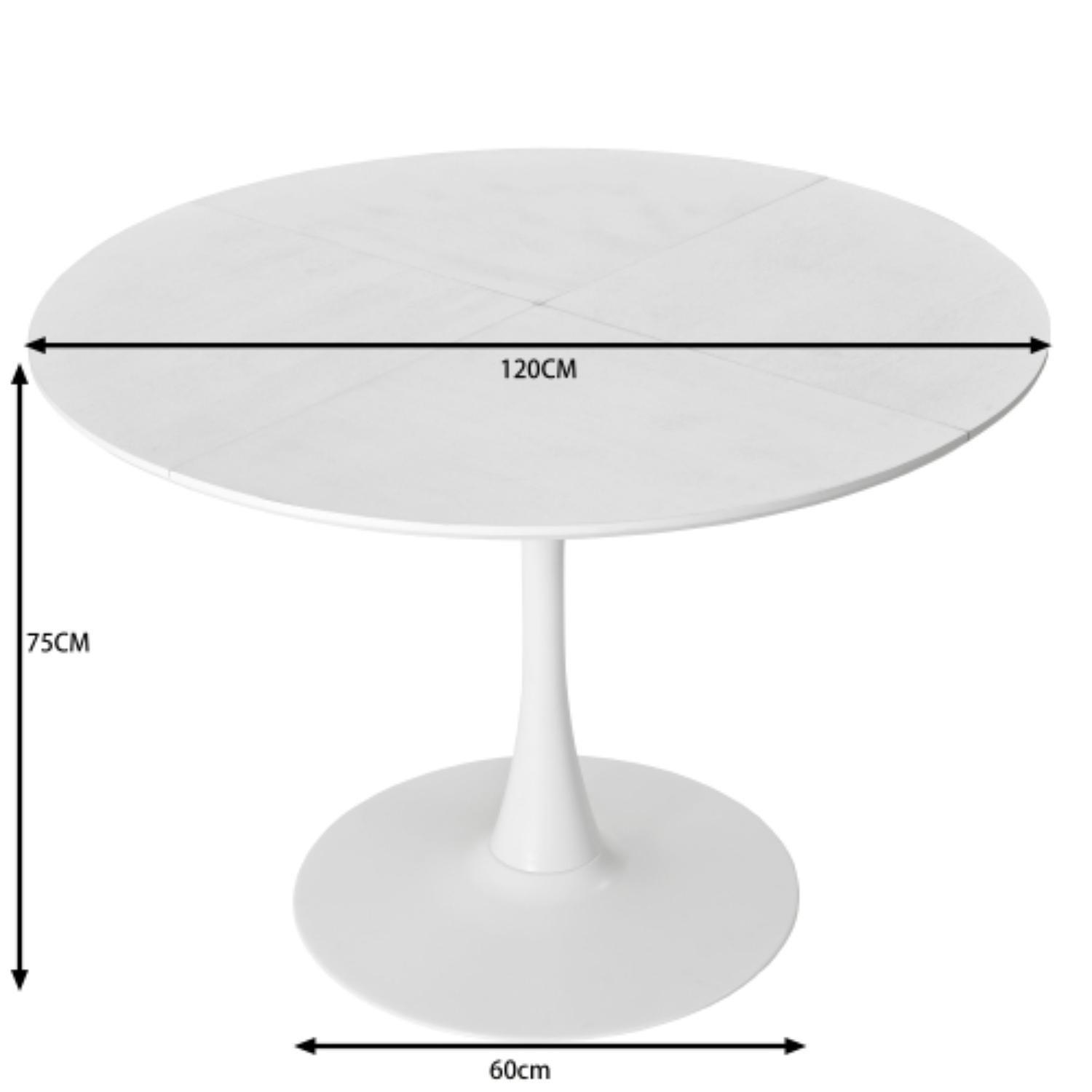 Ein weißer runder Tisch mit einem einzelnen zentralen Bein. Die Abmessungen sind beschriftet: 120 cm breit, 75 cm hoch und die Basis ist 60 cm.