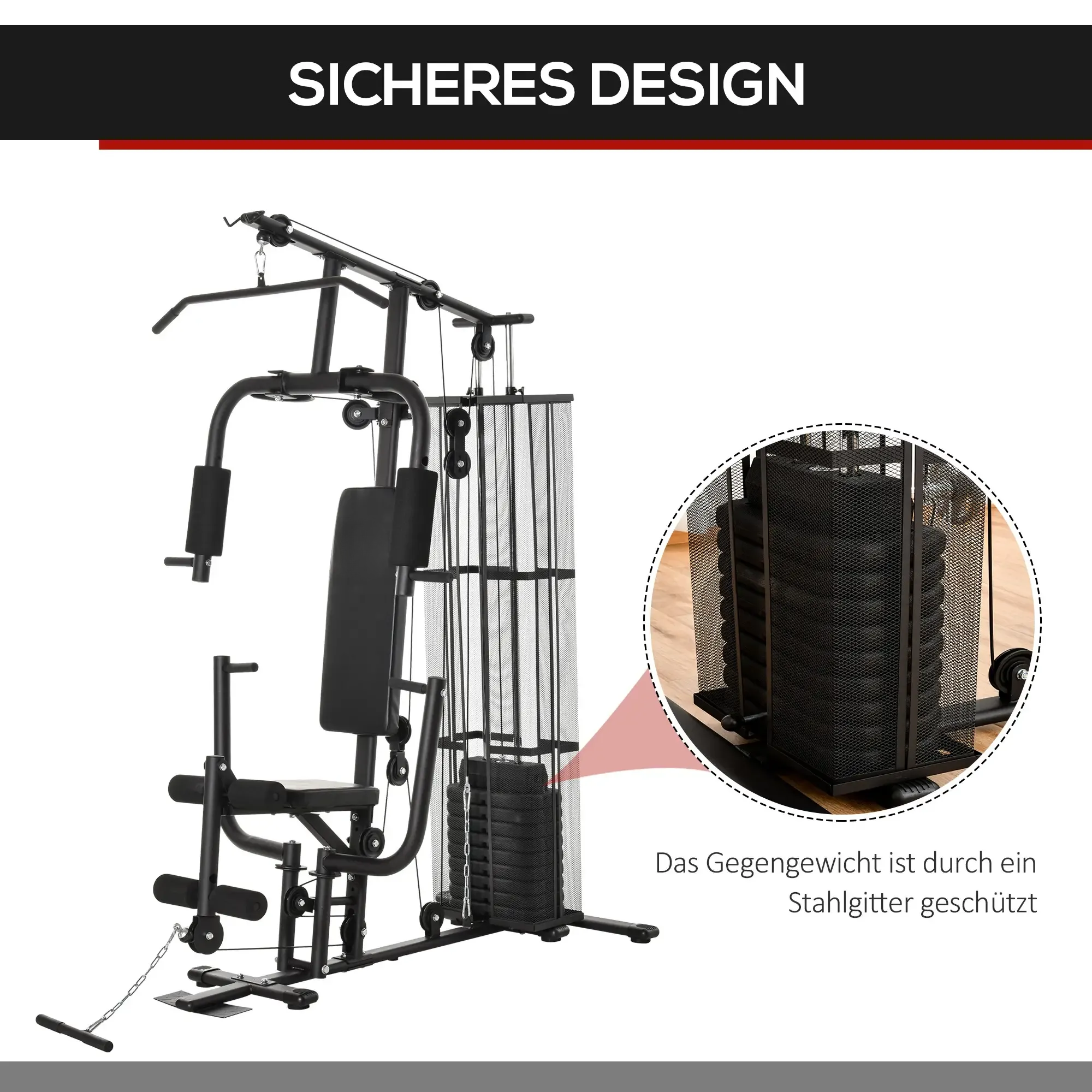 Eine schwarze Heimtrainingsmaschine mit Gewichtsblöcken. Text: Sicheres Design. Nahaufnahme: Gewichtsblock geschützt durch Metallgitter.