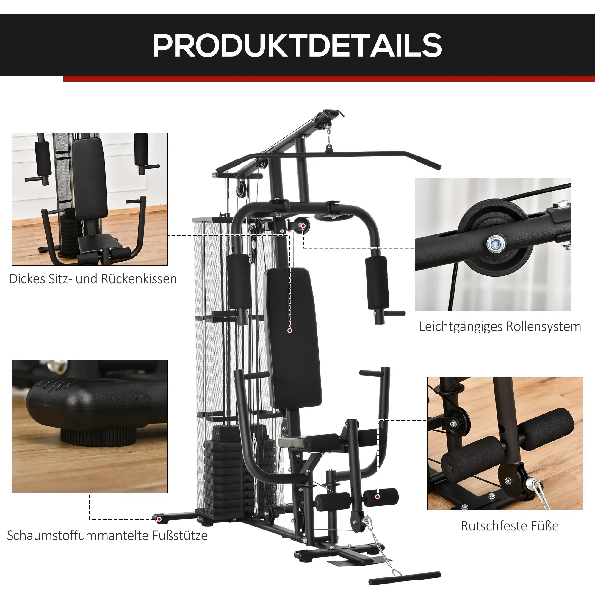 Ein schwarzes und silbernes Multi-Gym mit verschiedenen beschrifteten Komponenten. Enthält Sitz, Gewichte und Stützstrukturen.