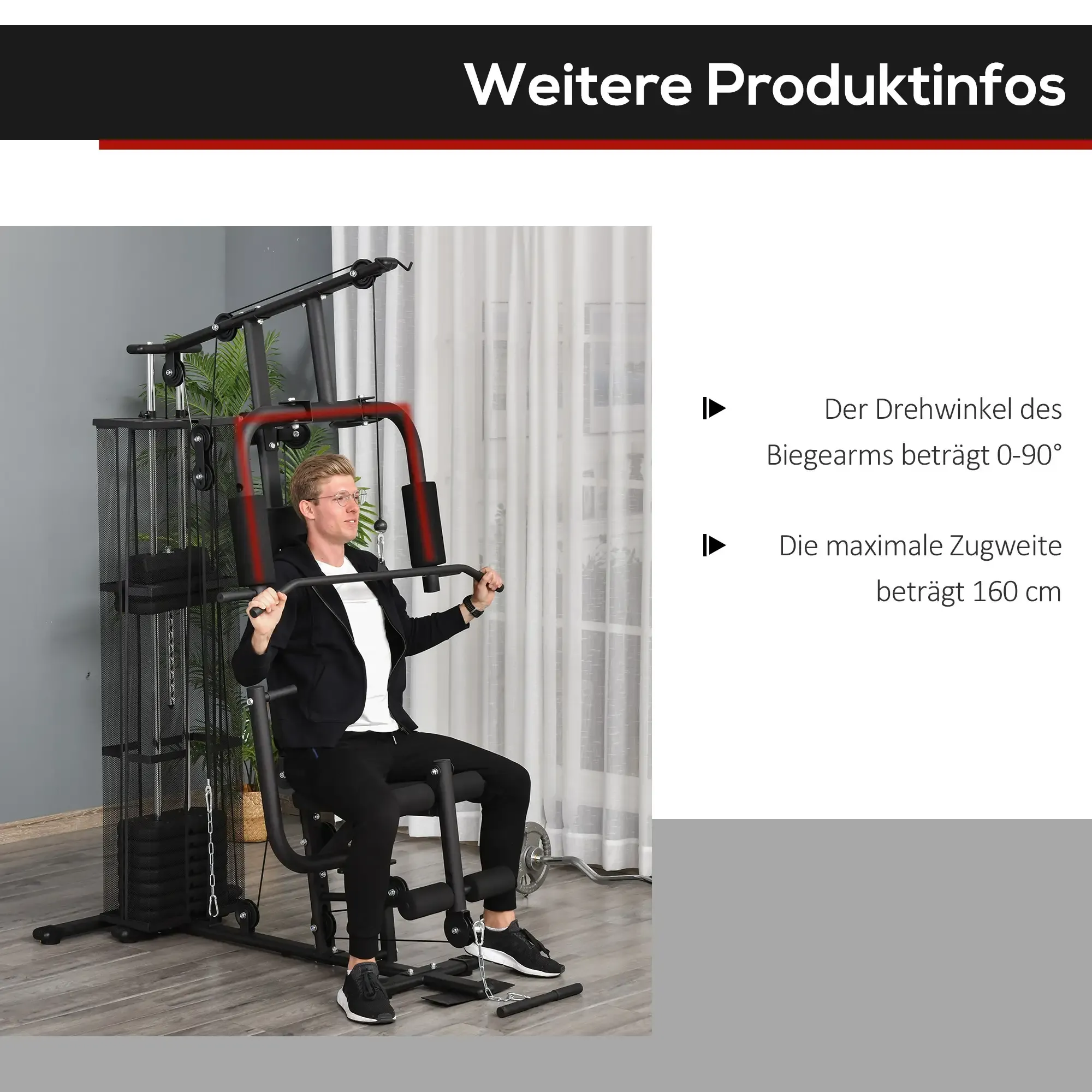 Ein Mann benutzt ein schwarzes und rotes Heimtrainingsgerät. Das Fitnessstudio befindet sich neben einem Fenster mit weißen Vorhängen.