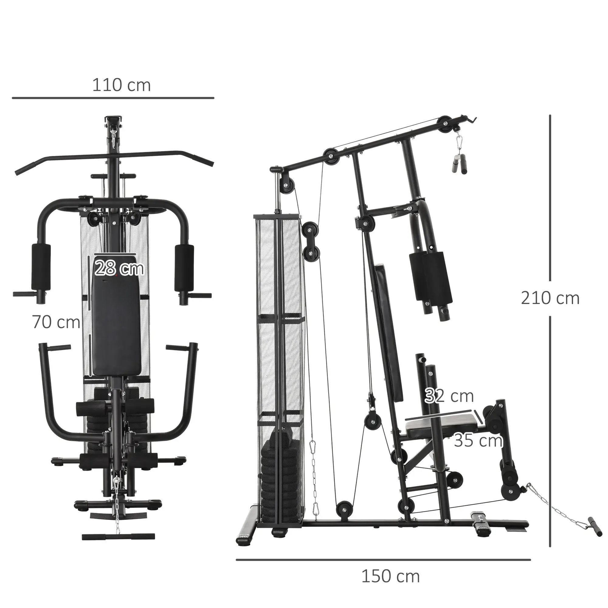 Schwarzes Heimtrainingsgerät mit Maßangaben, darunter 110 cm, 150 cm und 210 cm. Es hat Gewichte und Stangen.