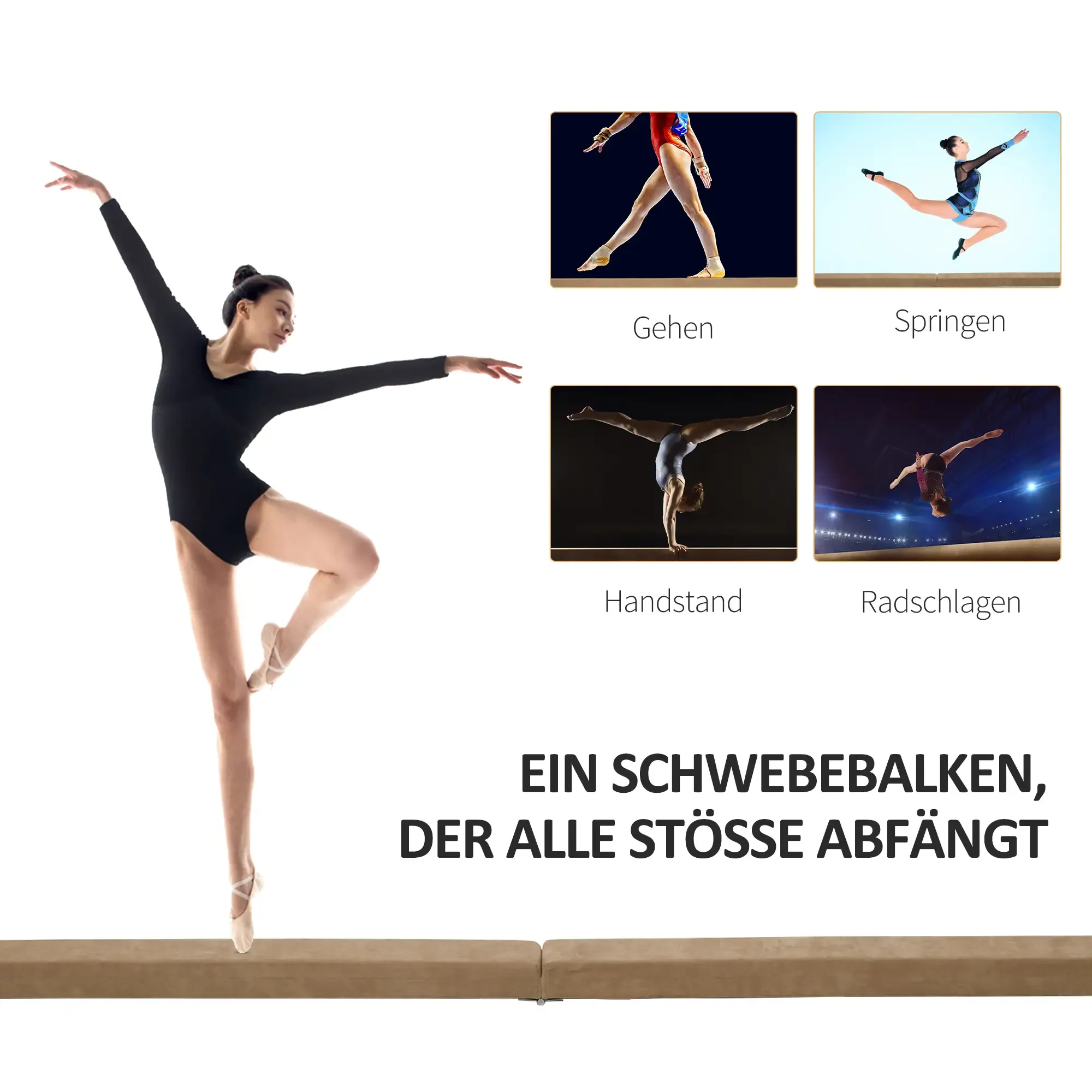 Eine Turnerin in einem schwarzen Trikot balanciert auf einem Balken. Vier kleinere Bilder zeigen gymnastische Übungen.