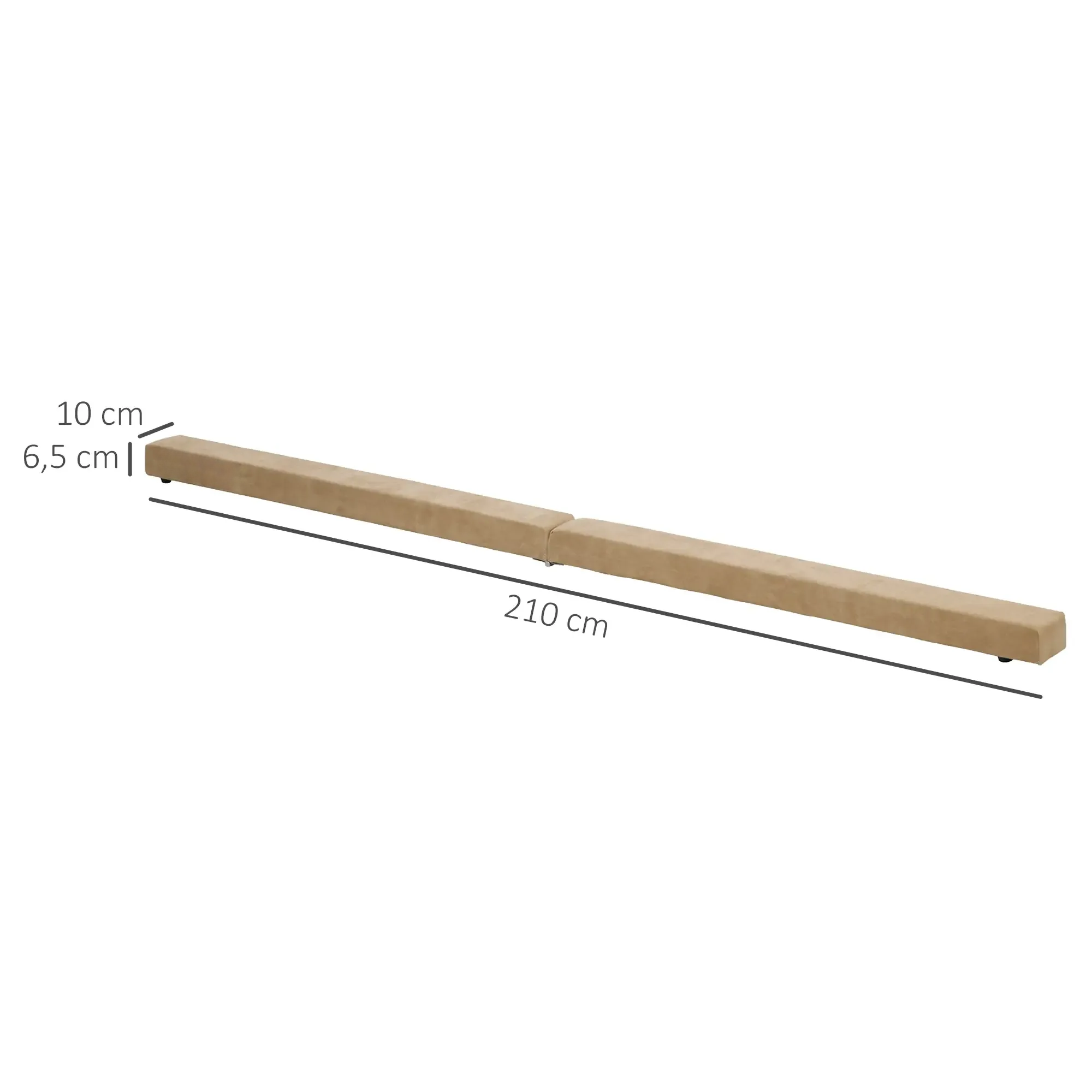 Ein hellbrauner Schwebebalken mit Maßangaben. Er ist 210 cm lang, 10 cm breit und 6,5 cm hoch.