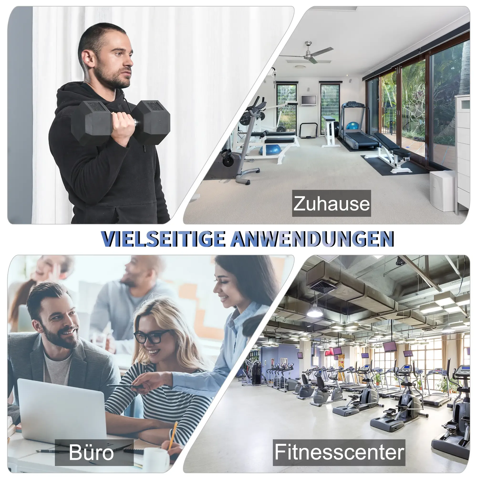 Das Bild zeigt einen Mann, der eine Hantel hebt, ein Heim-Fitnessstudio, ein Geschäftstreffen und ein Fitnessstudio mit Fitnessgeräten.