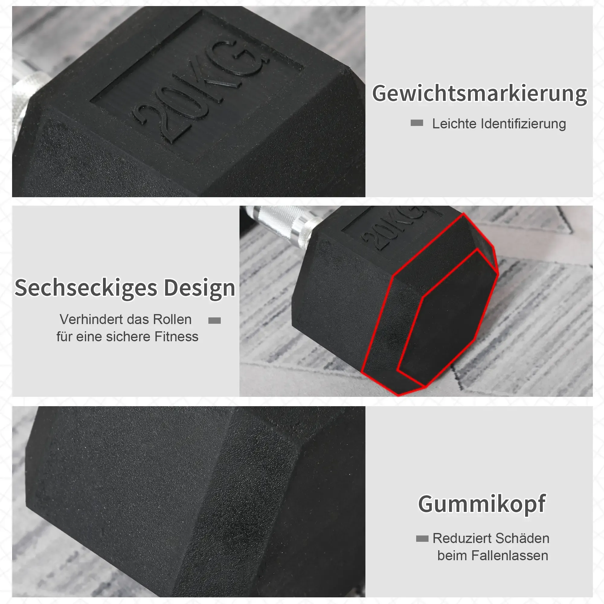 Eine schwarze Hantel mit sechseckigem Design. Es hat eine 20KG-Gewichtsmarkierung. Es hat einen Gummikopf.