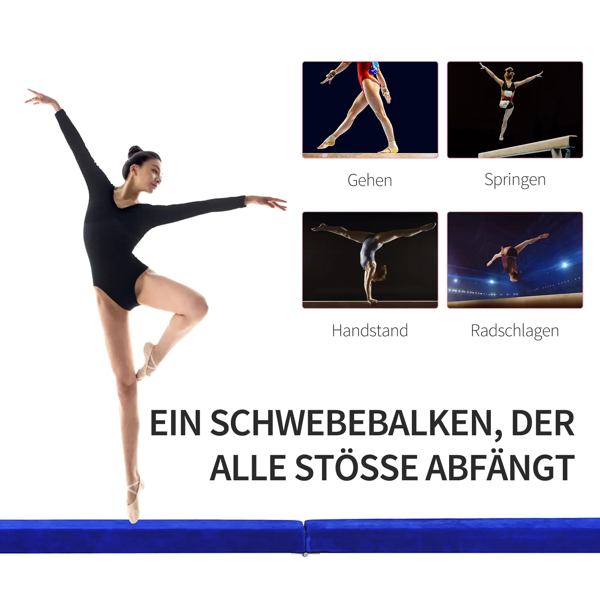 Eine Turnerin in schwarzem Trikot posiert. Vier kleinere Bilder zeigen Gymnastik auf einem Schwebebalken: Gehen, Springen, Handstand und ein Flick.