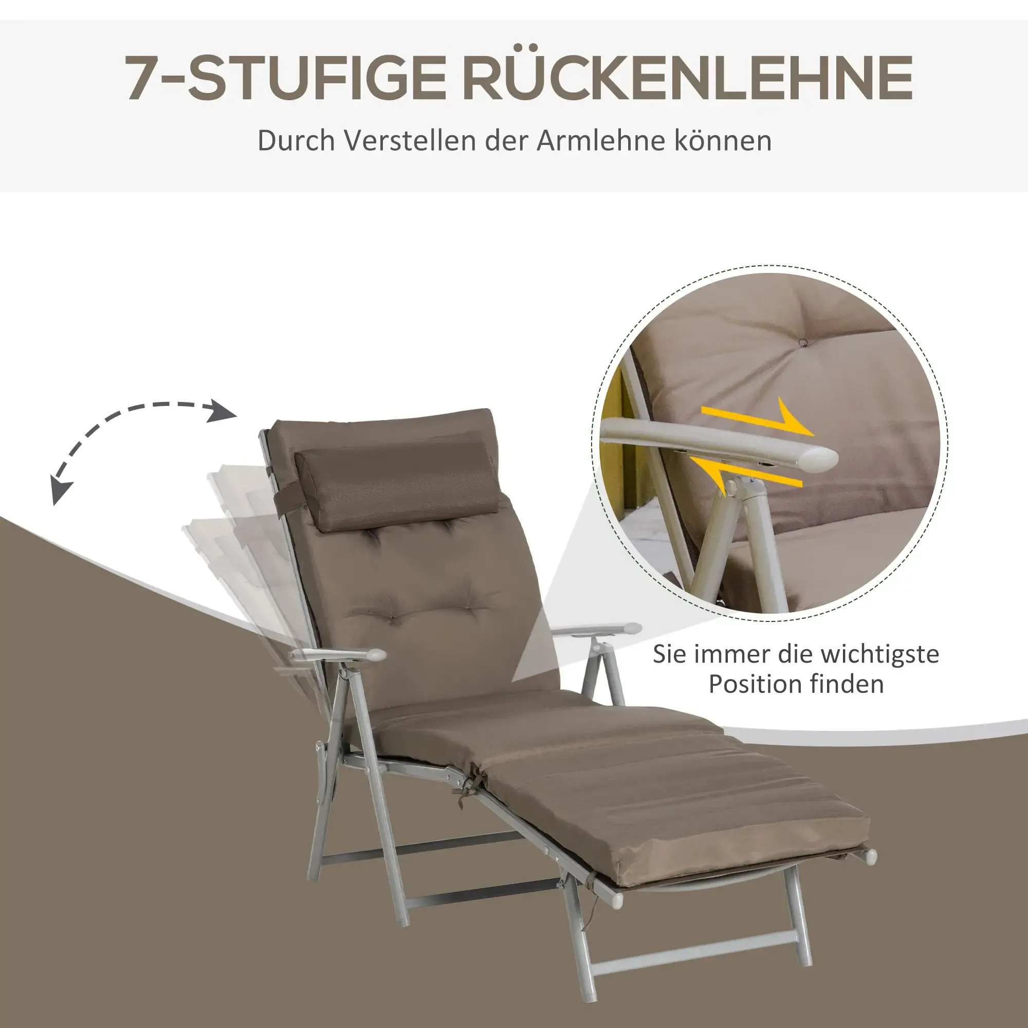 Ein brauner Liegestuhl mit Kopfstütze wird gezeigt. Text weist auf 7 verstellbare Rückenlehnenpositionen hin. Eine Abbildung zeigt die Armlehnenverstellung.