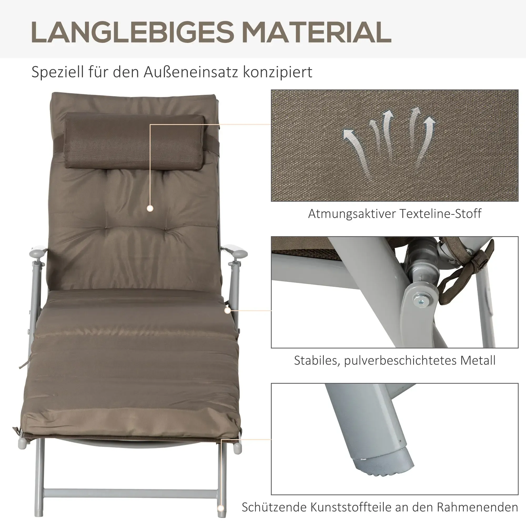 Ein brauner Outdoor-Liegestuhl. Er hat eine Kopfstütze und besteht aus Textilene-Gewebe. Er hat ein Metallgestell und Kunststoffteile.