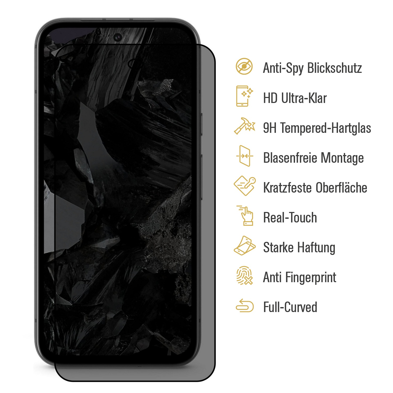 Ein Telefon mit Displayschutzfolie. Merkmale sind Anti-Spy, HD-Klarheit, Hartglas, blasenfreie Montage, Kratzfestigkeit und Fingerabdruckschutz.