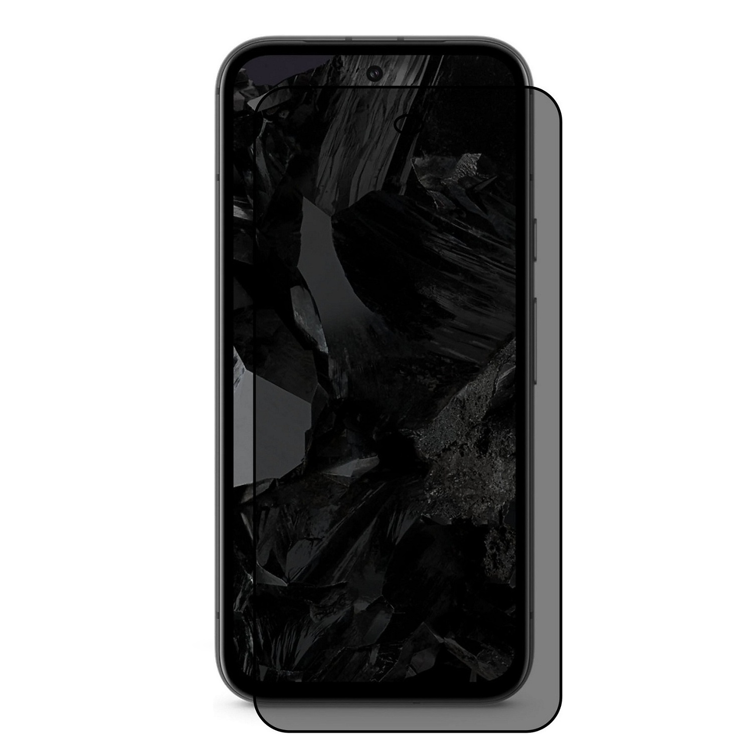 Ein schwarzes Smartphone mit einer dunklen Displayschutzfolie. Der Bildschirm zeigt ein strukturiertes, dunkles abstraktes Muster. Das Telefon befindet sich auf weißem Hintergrund.