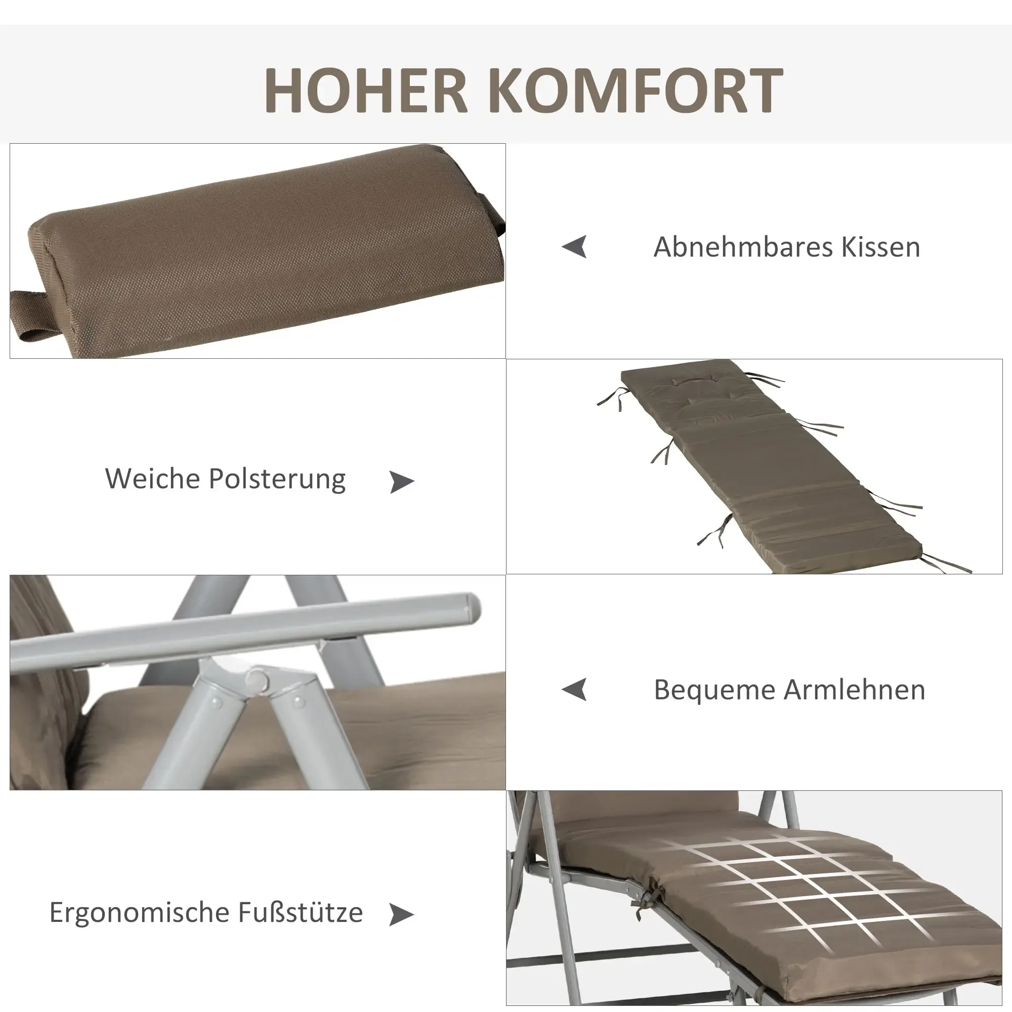 Das Bild zeigt einen Liegestuhl mit Details: abnehmbares Kissen, weiche Polsterung, bequeme Armlehnen und ergonomische Fußstütze.