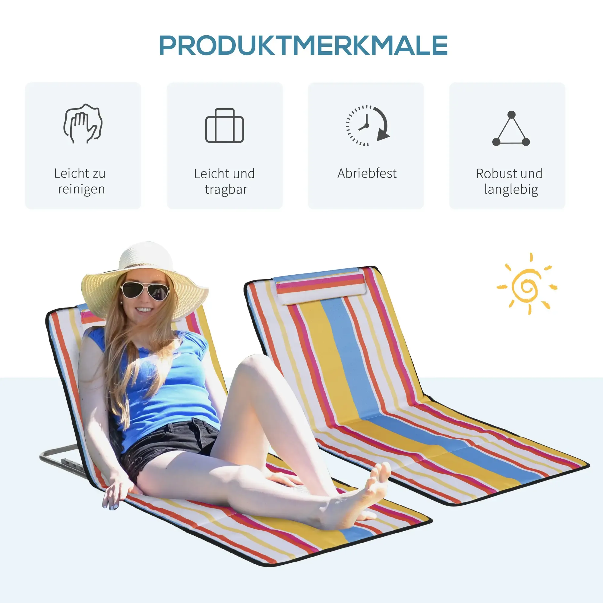 Frau mit Hut und Sonnenbrille auf einem gestreiften Strandstuhl. Ein weiterer Stuhl daneben. Sonnen-Icon im Hintergrund.